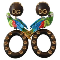 Dolce & Gabbana Brown Multicolor Brass Wood Parrot Dangle Clip On Earrings DG