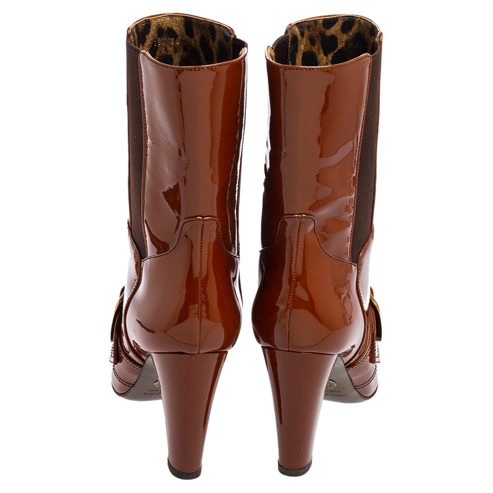 Dolce & Gabbana Brown Patent Leather Buckle Mid Calf Boots Size 38 In Excellent Condition In Dubai, Al Qouz 2