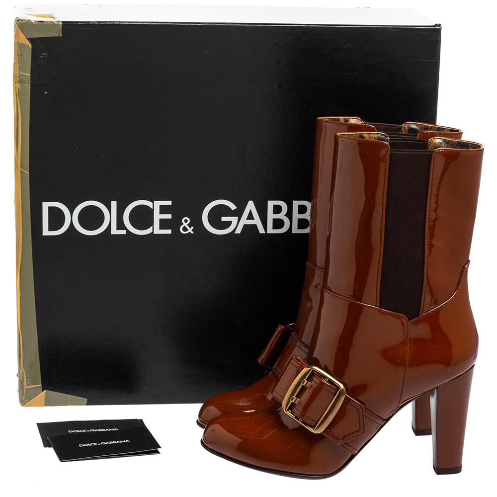Dolce & Gabbana Brown Patent Leather Buckle Mid Calf Boots Size 38 4