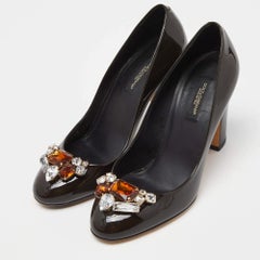 Dolce Gabbana Brown Patent Leather Crystal Embellished Block Heel Pumps Size 37