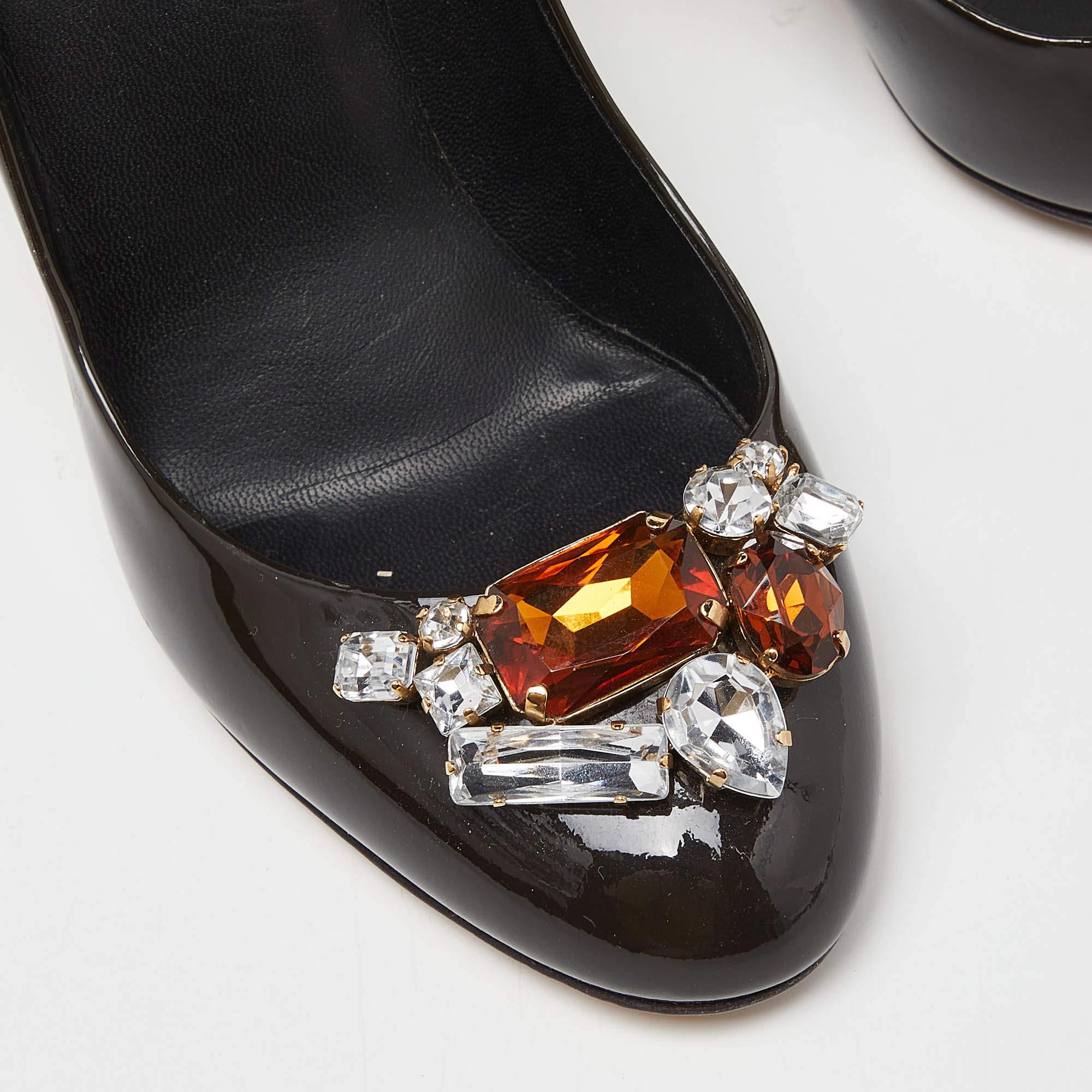 Dolce Gabbana Brown Patent Leather Crystal Embellished Block Heel Pumps Size 37 For Sale 2