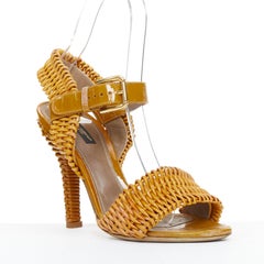 DOLCE GABBANA brown patent leather wicker weave high heel sandal heels EU37