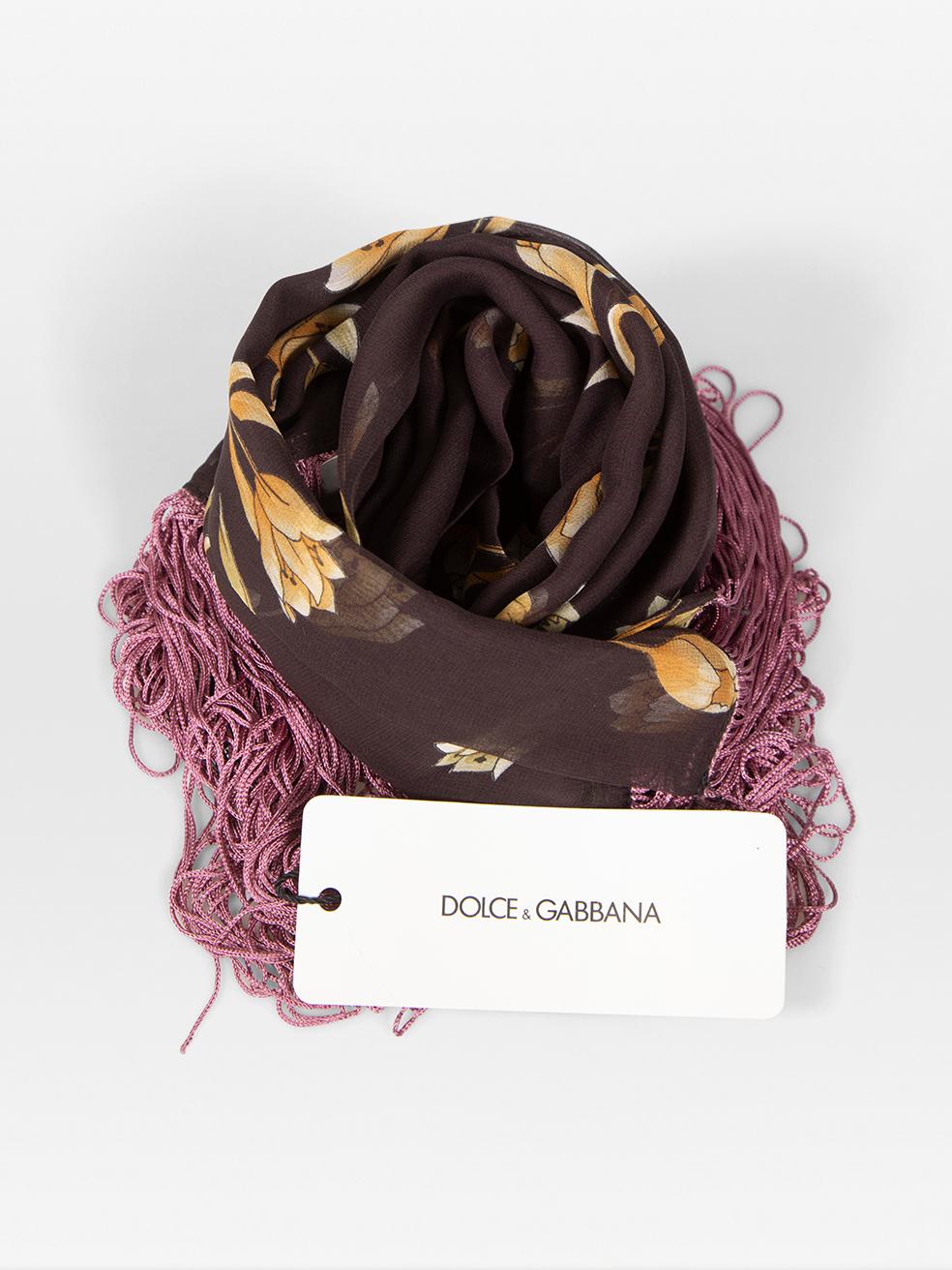 CONDITION is Never worn, with tags. Due to poor storage of the scarf, one tassel has become loose on one end of this new Dolce & Gabbana designer resale item.
 
 
 
 Details
 
 
 Multicolour - Brown and beige
 
 Silk
 
 Scarf
 
 Sheer
 
 Floral