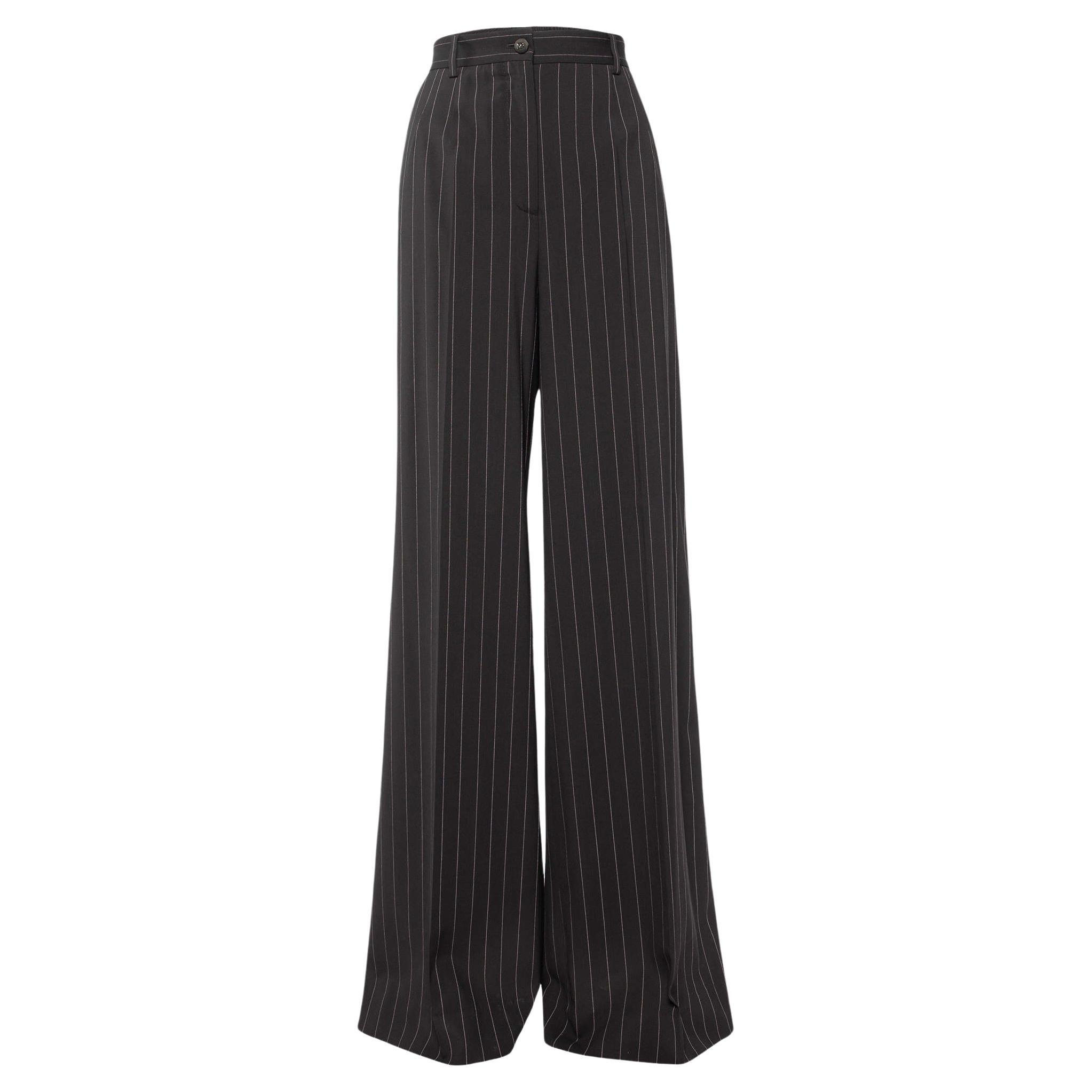 Dolce & Gabbana Brown Pinstriped Wool Wide Leg Trousers M For Sale