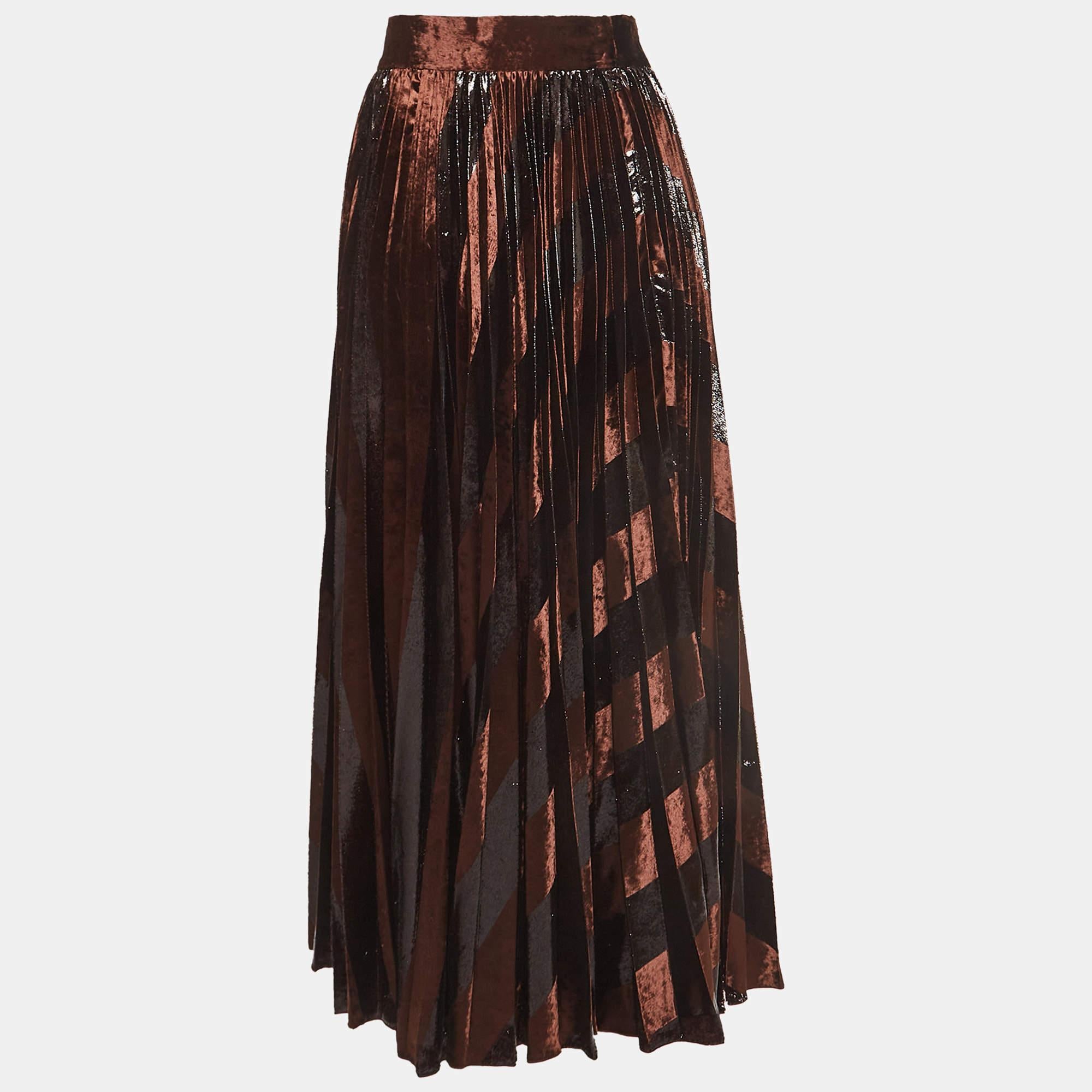 Women's Dolce & Gabbana Brown Pleated Velvet Shimmer Effect Maxi Skirt M For Sale