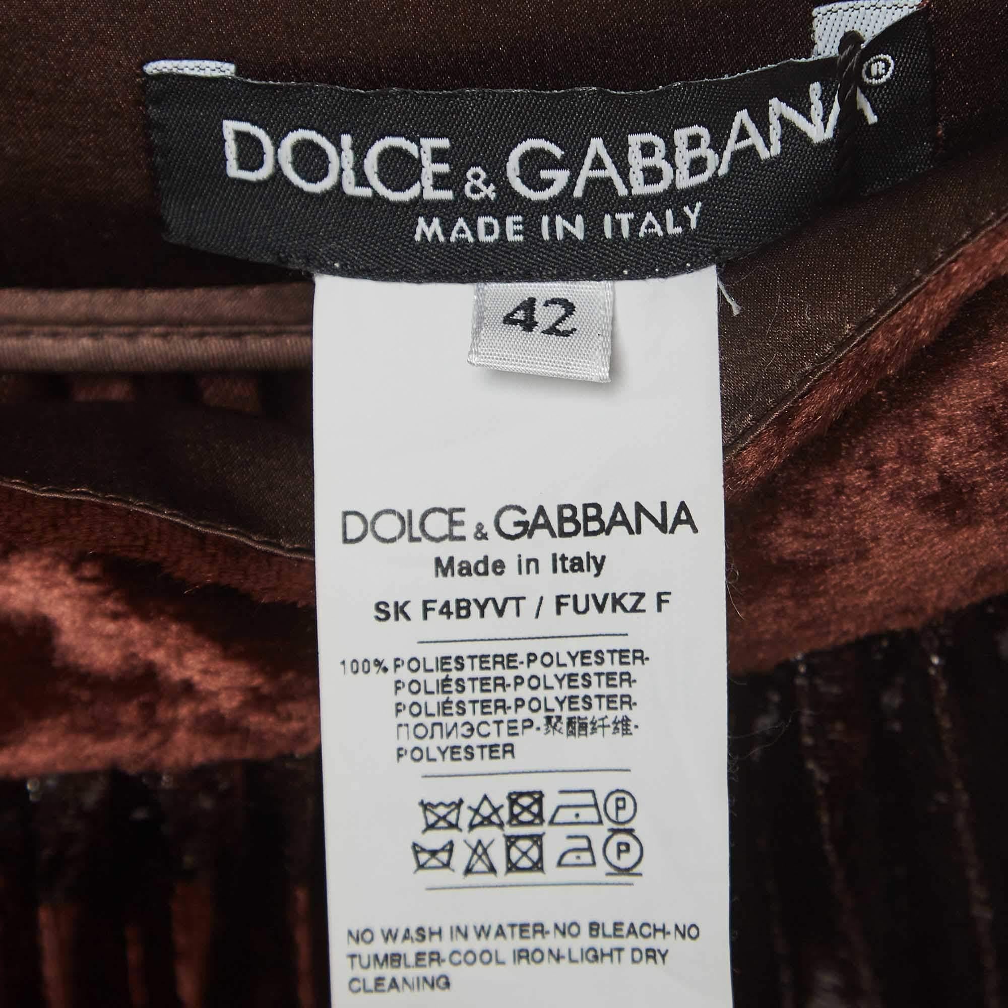 Dolce & Gabbana Brown Pleated Velvet Shimmer Effect Maxi Skirt M For Sale 2