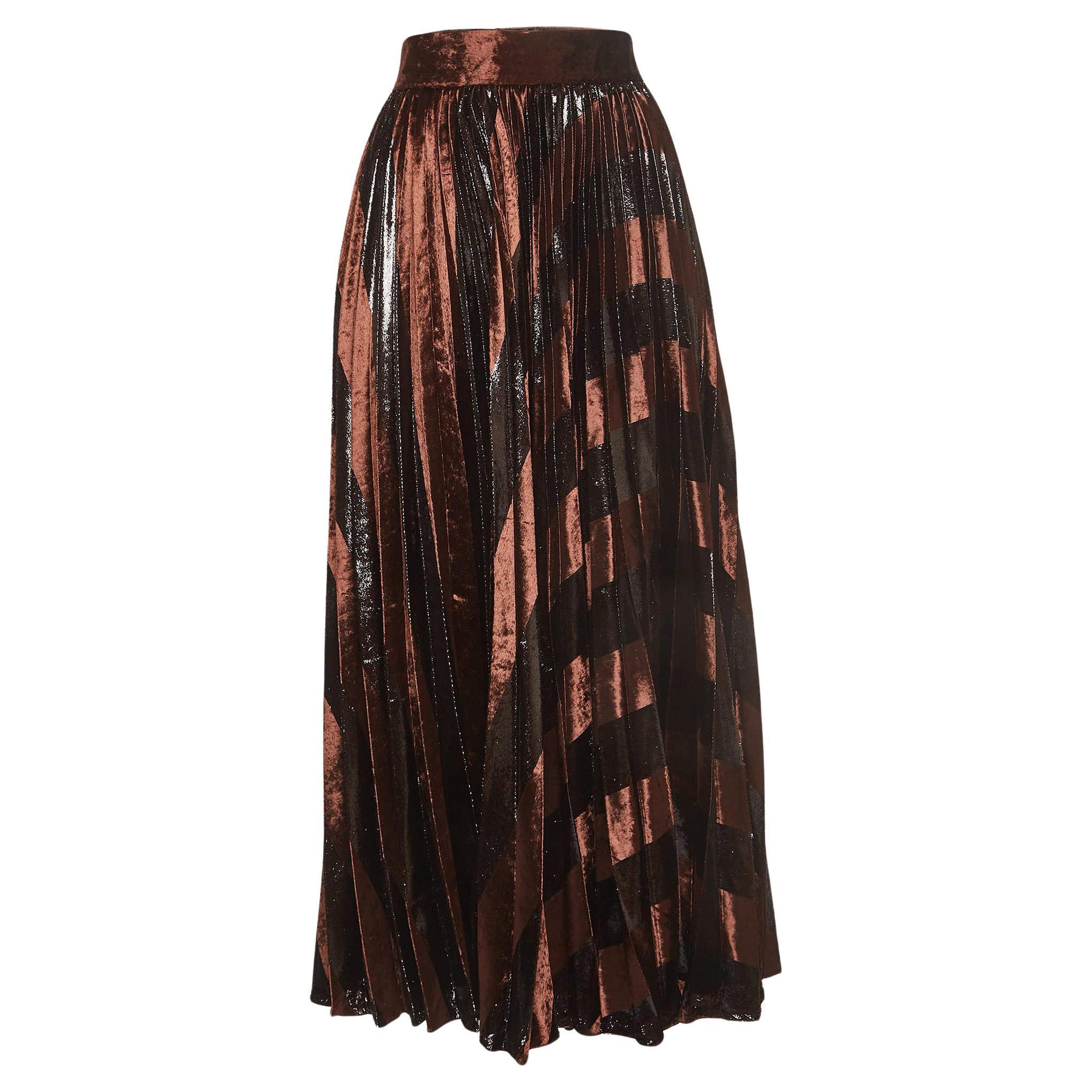 Dolce & Gabbana Brown Pleated Velvet Shimmer Effect Maxi Skirt M For Sale