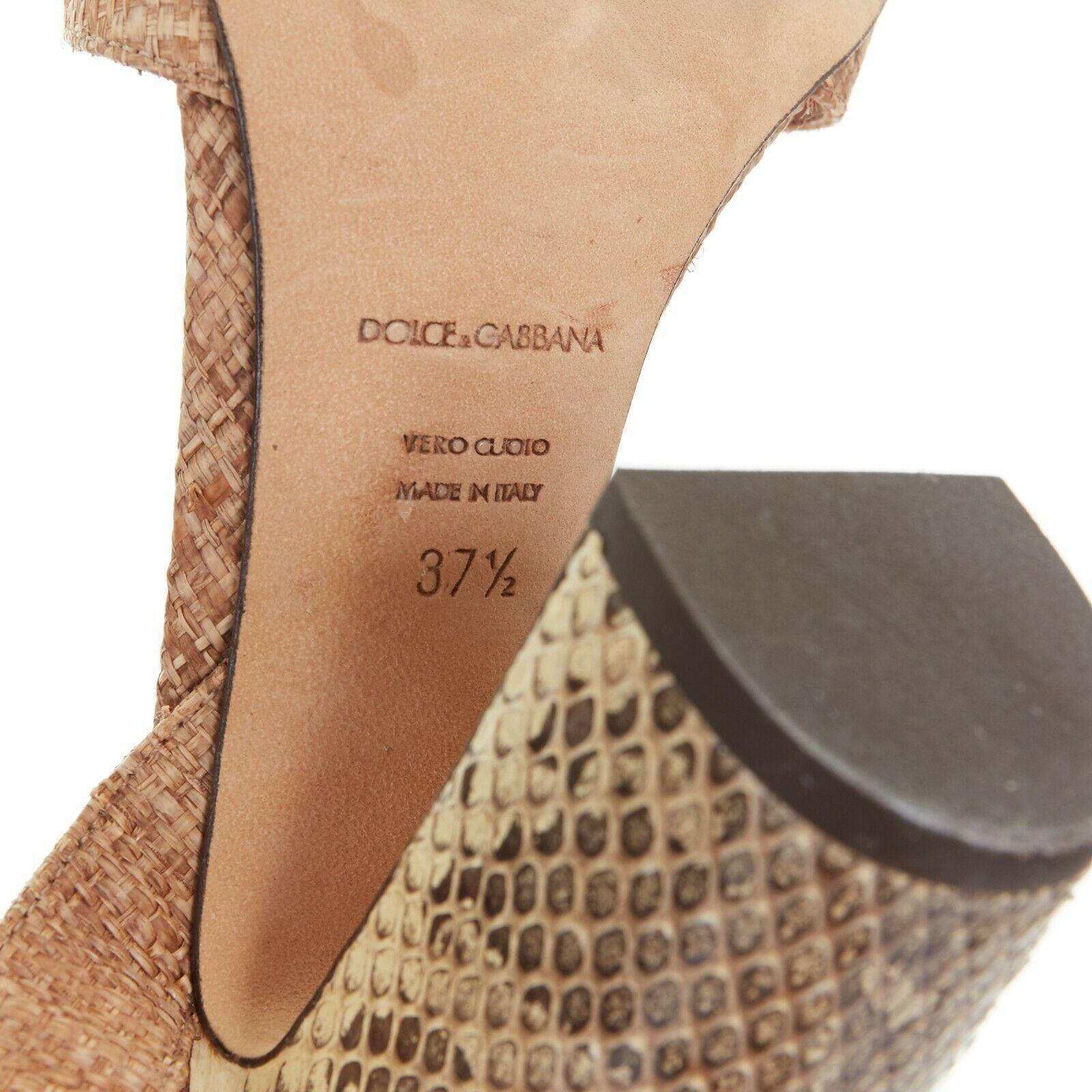 DOLCE GABBANA brown raffia crystal jewel embellished chunky python heels EU37.5 6