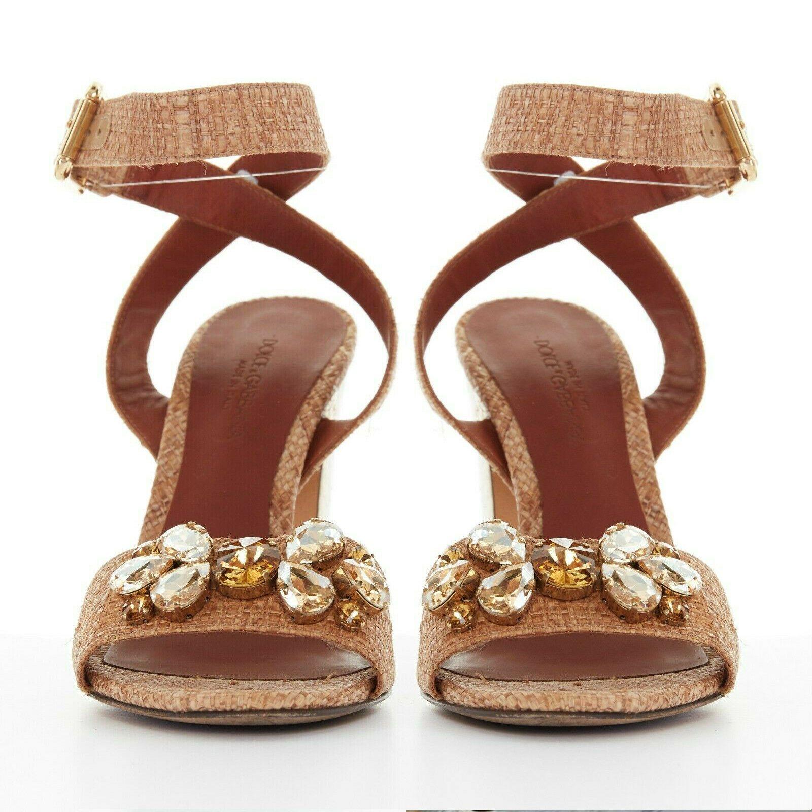 DOLCE GABBANA brown raffia crystal jewel embellished chunky python heels EU37.5 In Excellent Condition In Hong Kong, NT