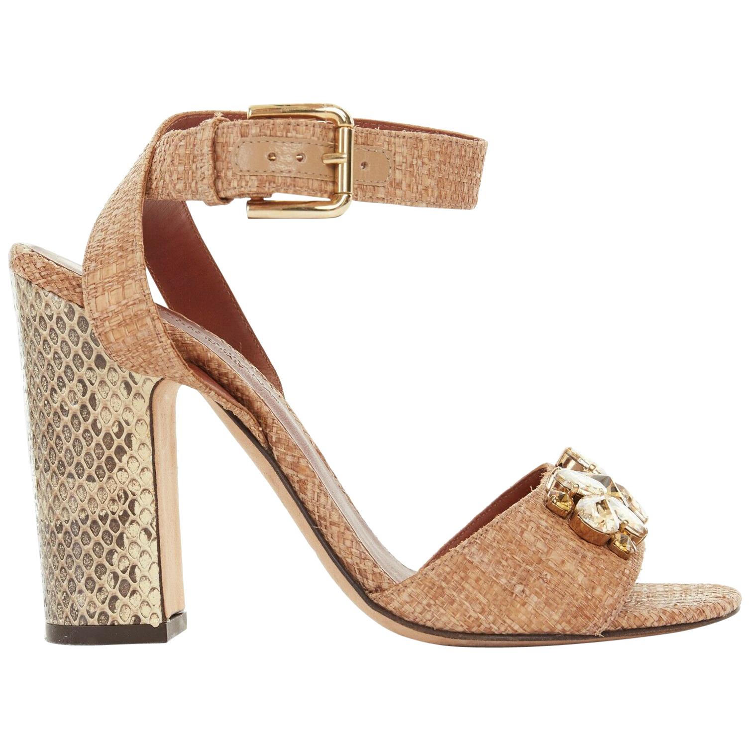 DOLCE GABBANA brown raffia crystal jewel embellished chunky python heels EU37.5