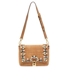 Dolce & Gabbana Brown Raffia Leather Padlock Crystals Embellished Shoulder Bag