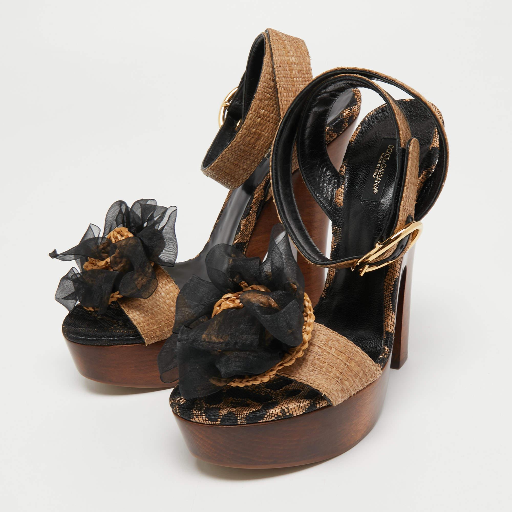 Women's Dolce & Gabbana Brown Raffia Platform Ankle Strap Sandals Size 40