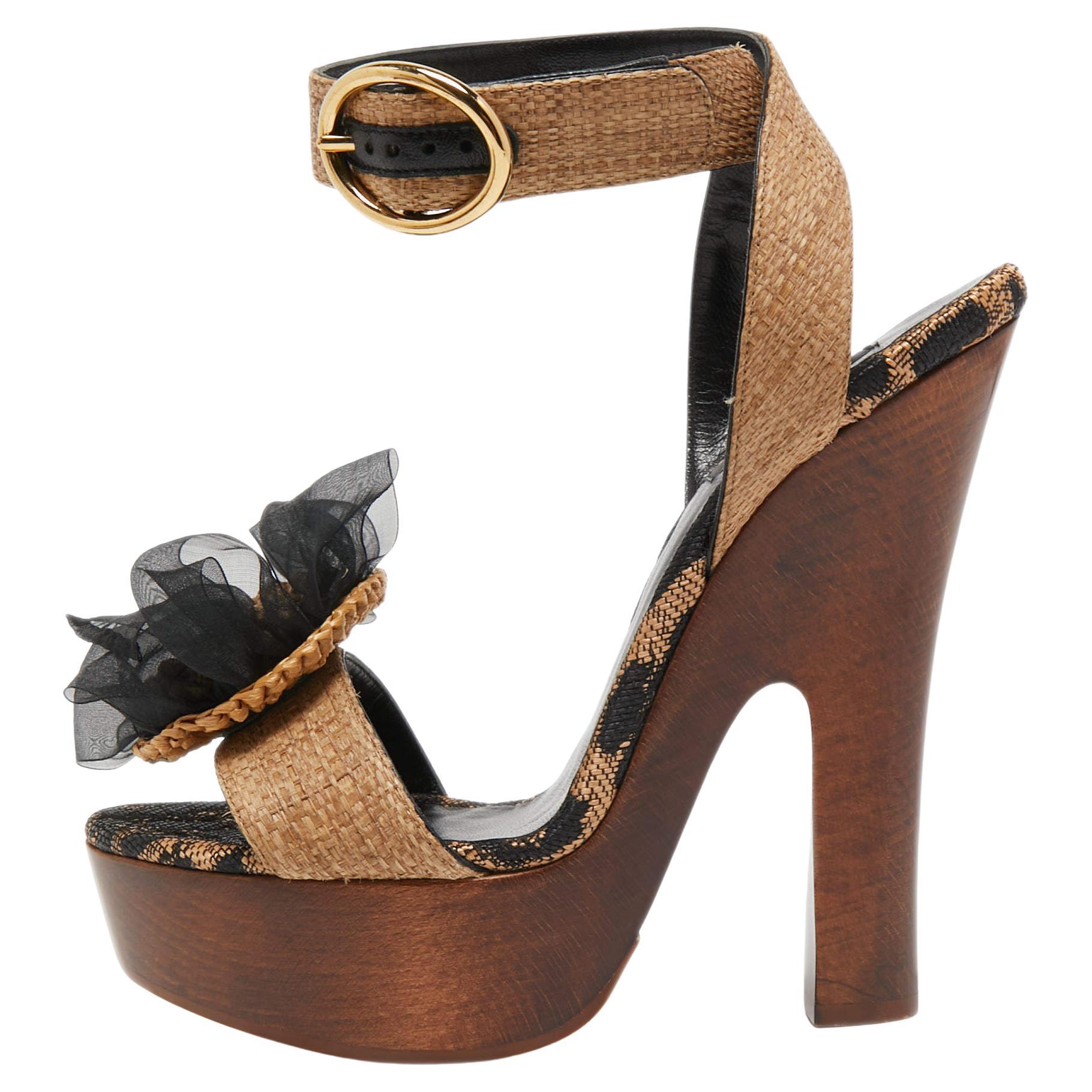 Dolce & Gabbana Brown Raffia Platform Ankle Strap Sandals Size 40