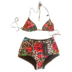 Dolce & Gabbana Brown Red Rose Leopard Bikini Swimsuit Swimwear Beachwear DG
