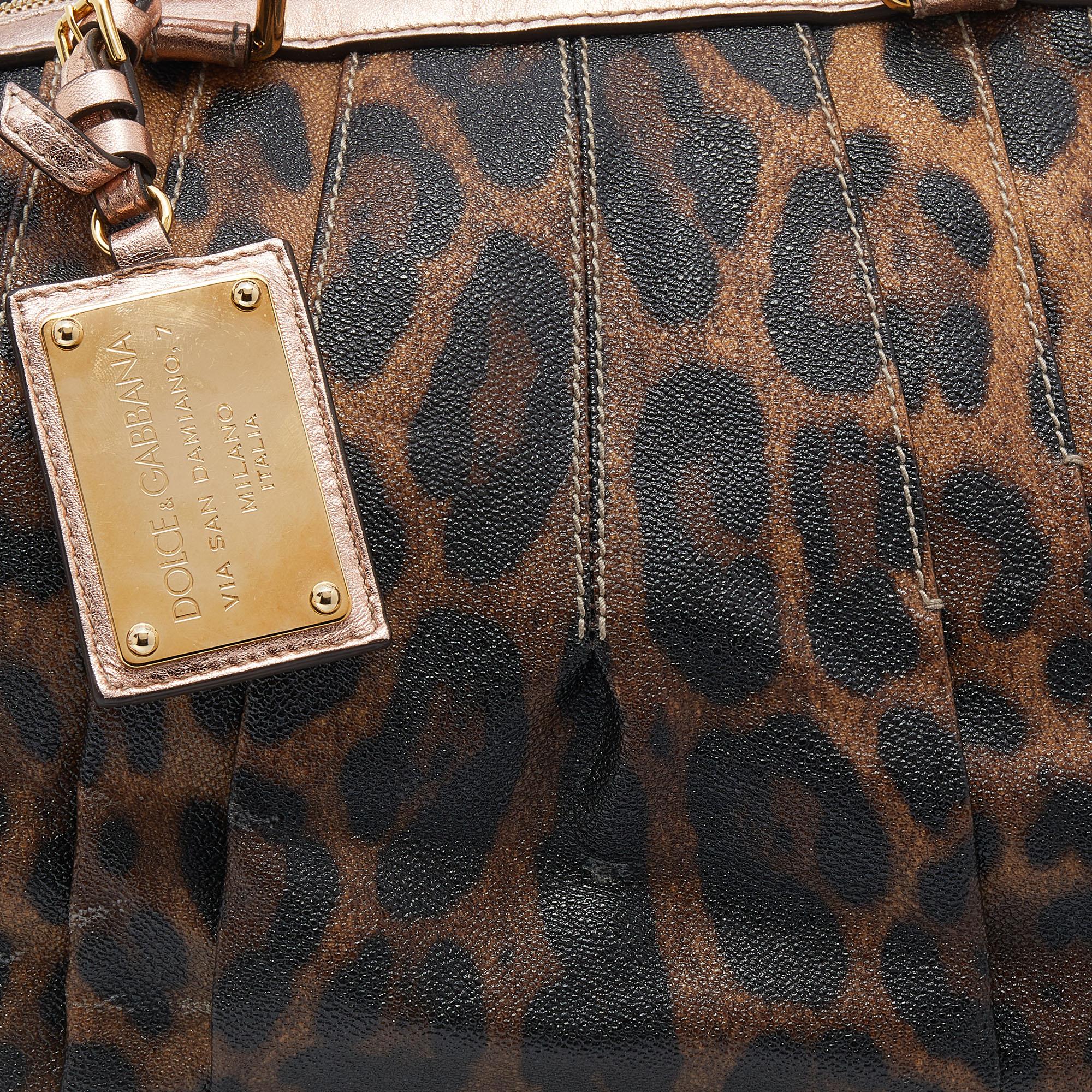 Dolce & Gabbana Brown/Rose Gold Leopard Print Coated Canvas and Leather Satchel For Sale 5
