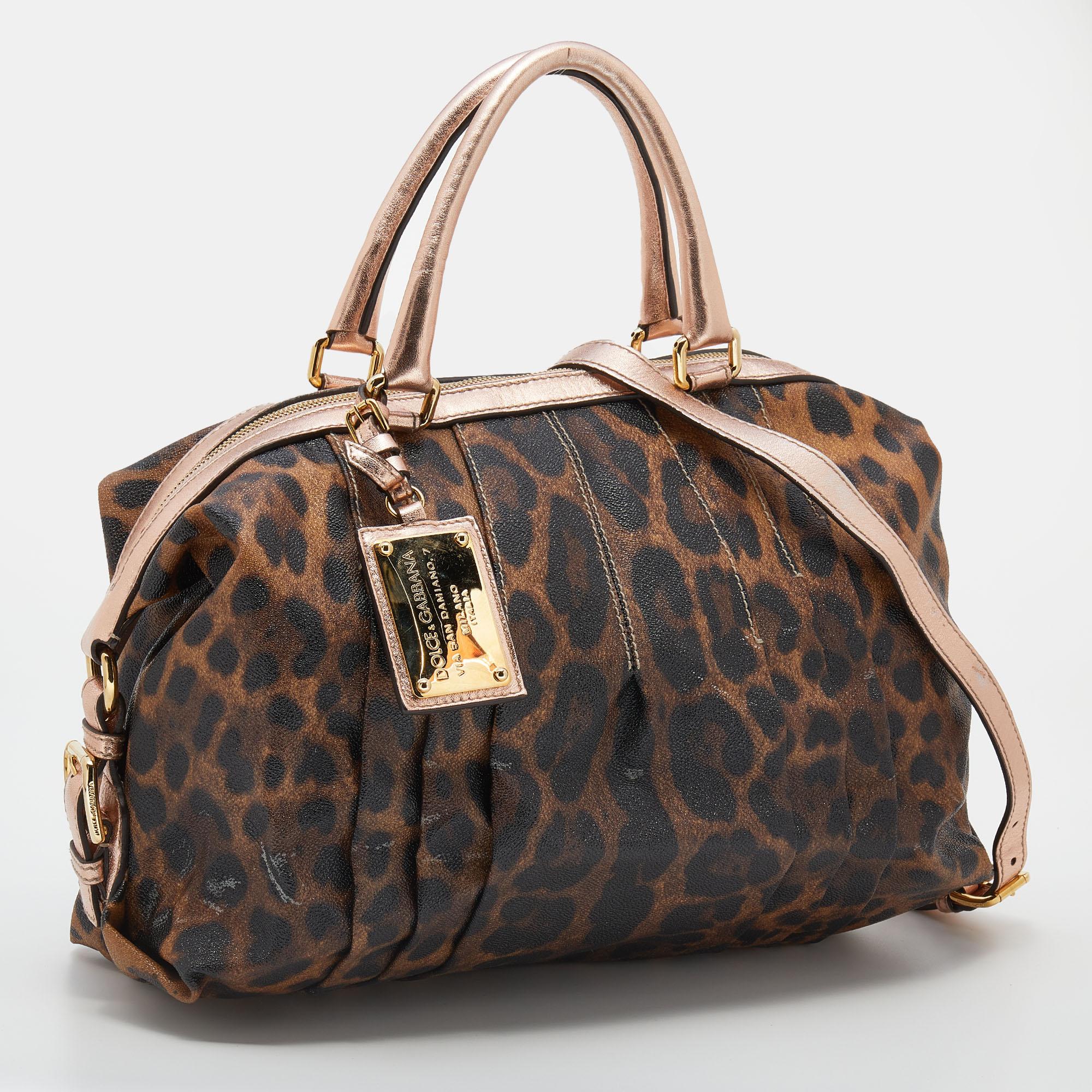 Dolce & Gabbana Brown/Rose Gold Leopard Print Coated Canvas and Leather Satchel In Good Condition For Sale In Dubai, Al Qouz 2