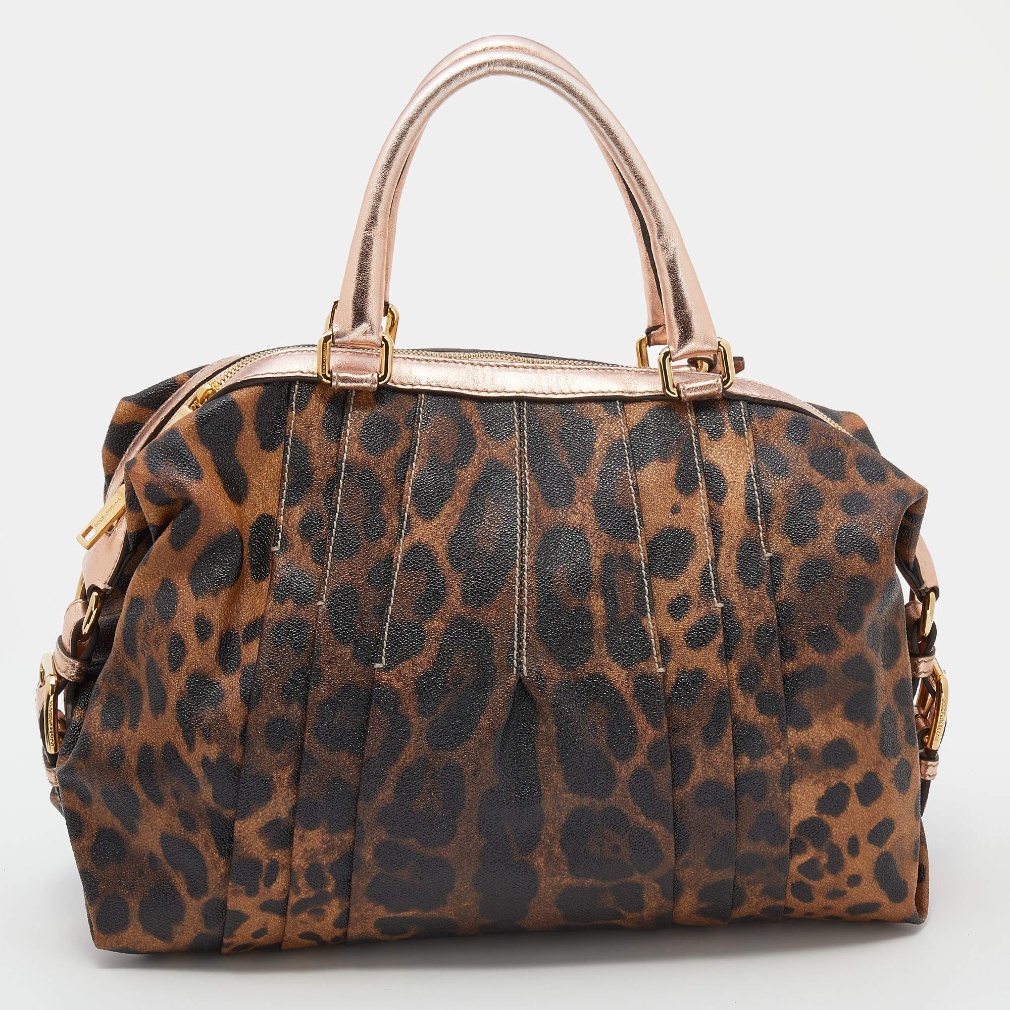 Dolce & Gabbana Brown/Rose Gold Leopard Print Coated Canvas and Leather Satchel In Good Condition For Sale In Dubai, Al Qouz 2