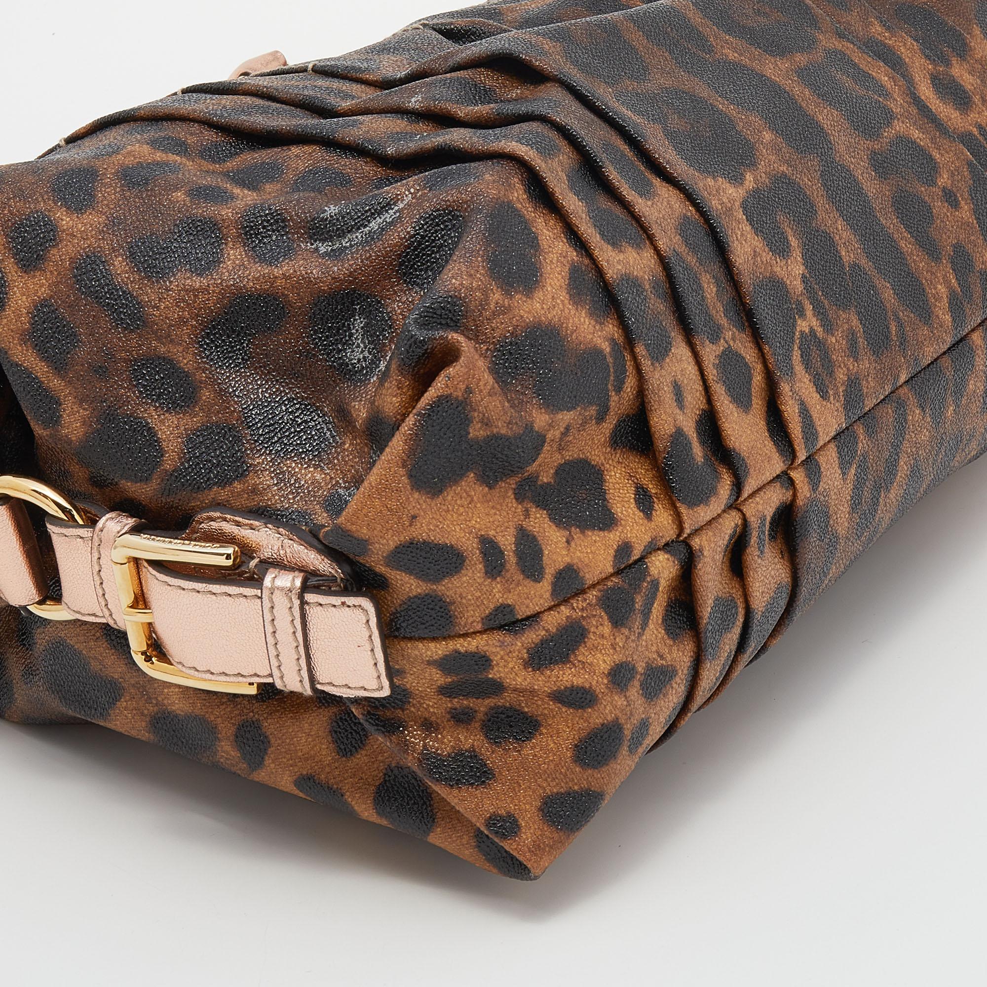 Dolce & Gabbana Brown/Rose Gold Leopard Print Coated Canvas and Leather Satchel For Sale 3