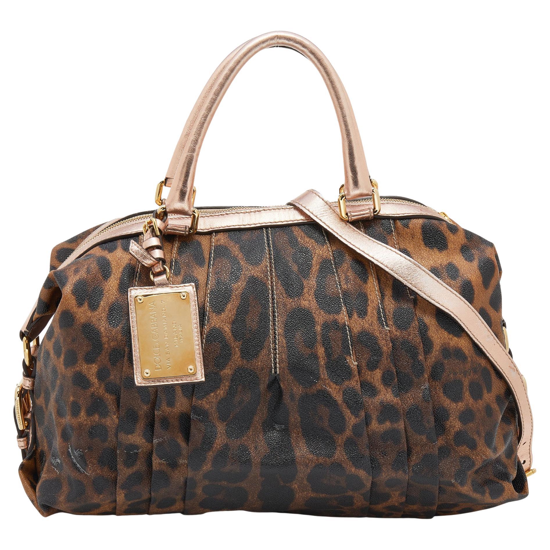 Dolce & Gabbana Brown/Rose Gold Leopard Print Coated Canvas and Leather Satchel For Sale