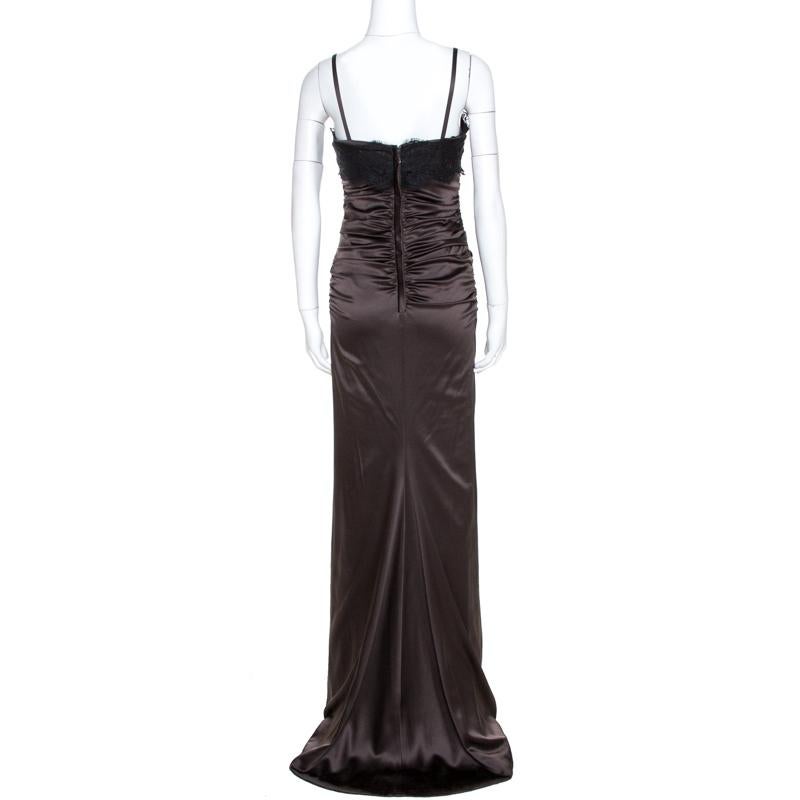 Black Dolce & Gabbana Brown Satin Lace Trim Ruched Maxi Dress M