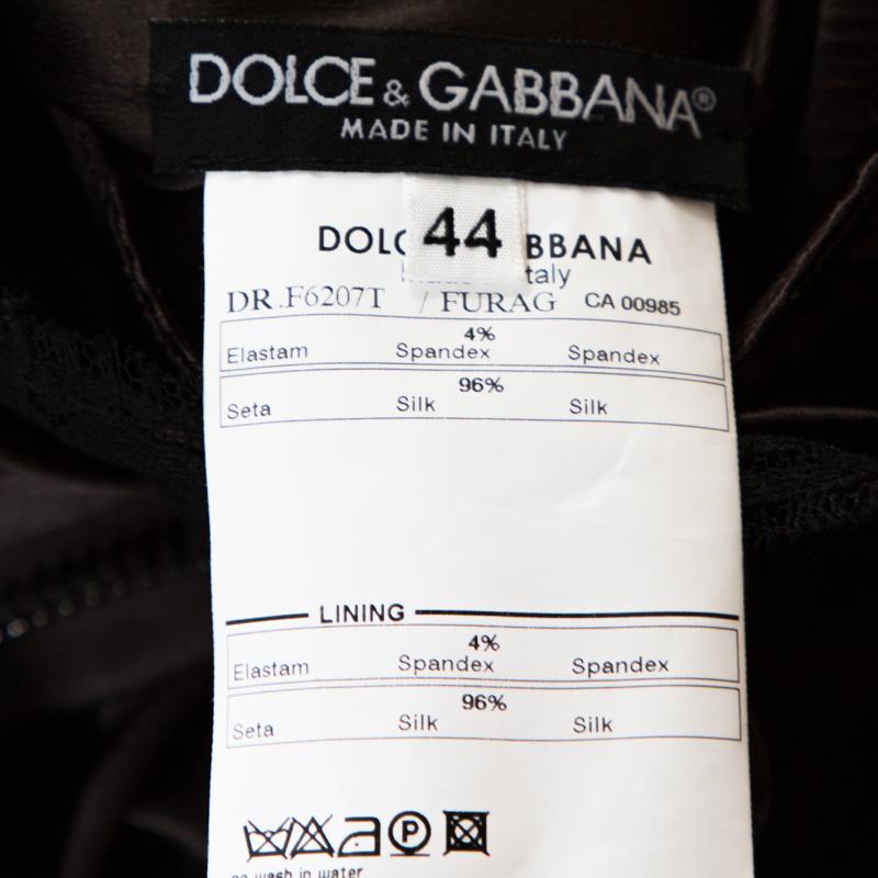 Dolce & Gabbana Brown Satin Lace Trim Ruched Maxi Dress M In Good Condition In Dubai, Al Qouz 2