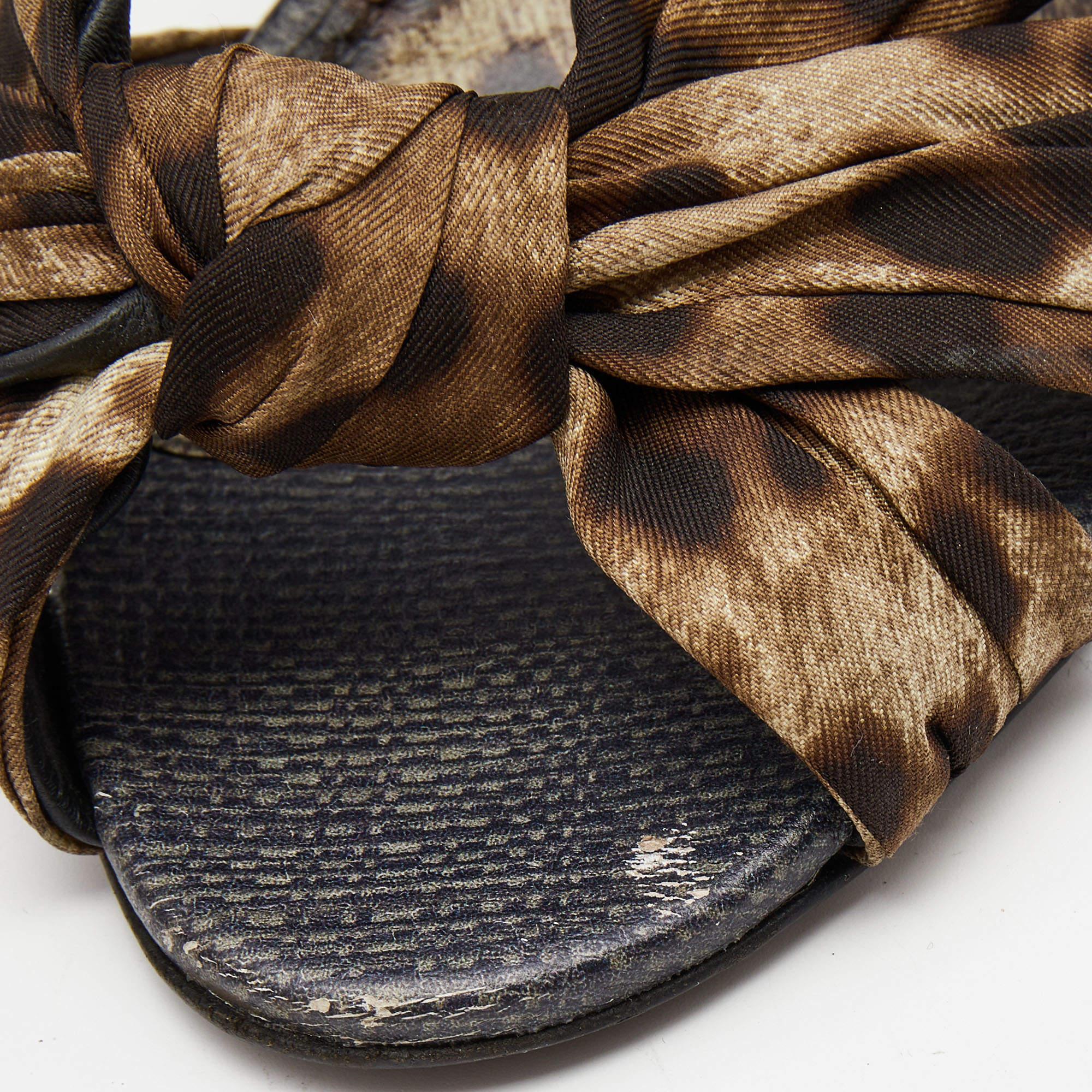 Dolce & Gabbana Brown Satin Leopard Print Fastening Ankle Tie Sandals Size 40 For Sale 1