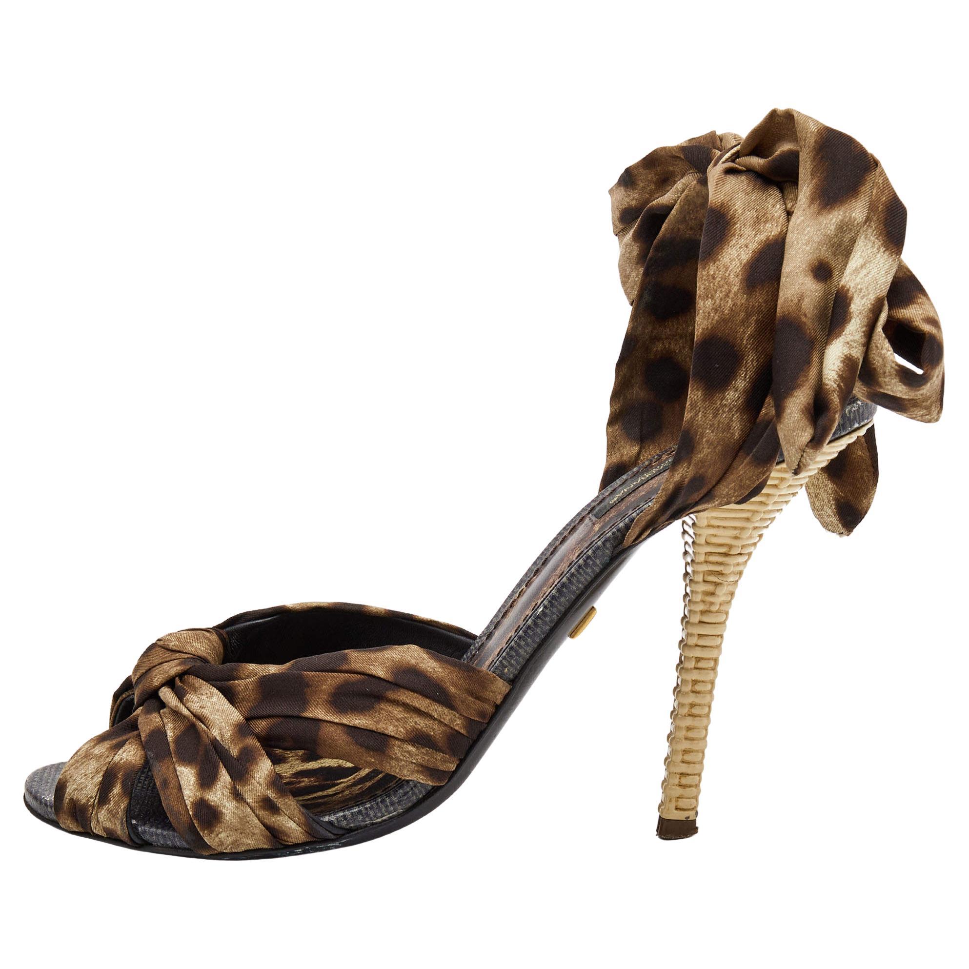 Dolce & Gabbana Brown Satin Leopard Print Fastening Ankle Tie Sandals Size 40 For Sale