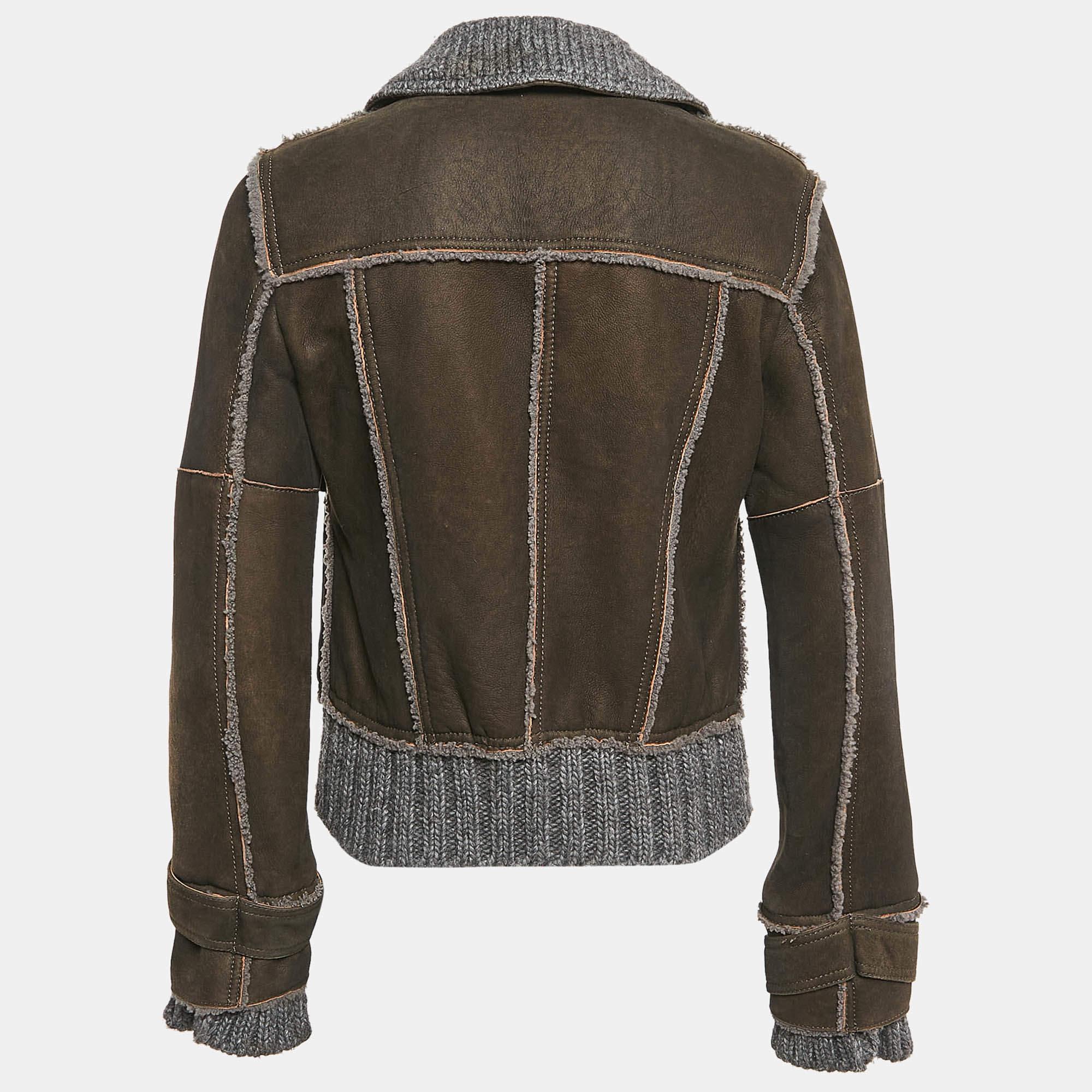 Nero Dolce & Gabbana - Giacca in pelle marrone con finiture in shearling M. in vendita