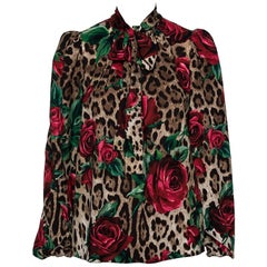 Dolce & Gabbana Brown Silk Animal & Floral Print Neck Tie Detail Top S