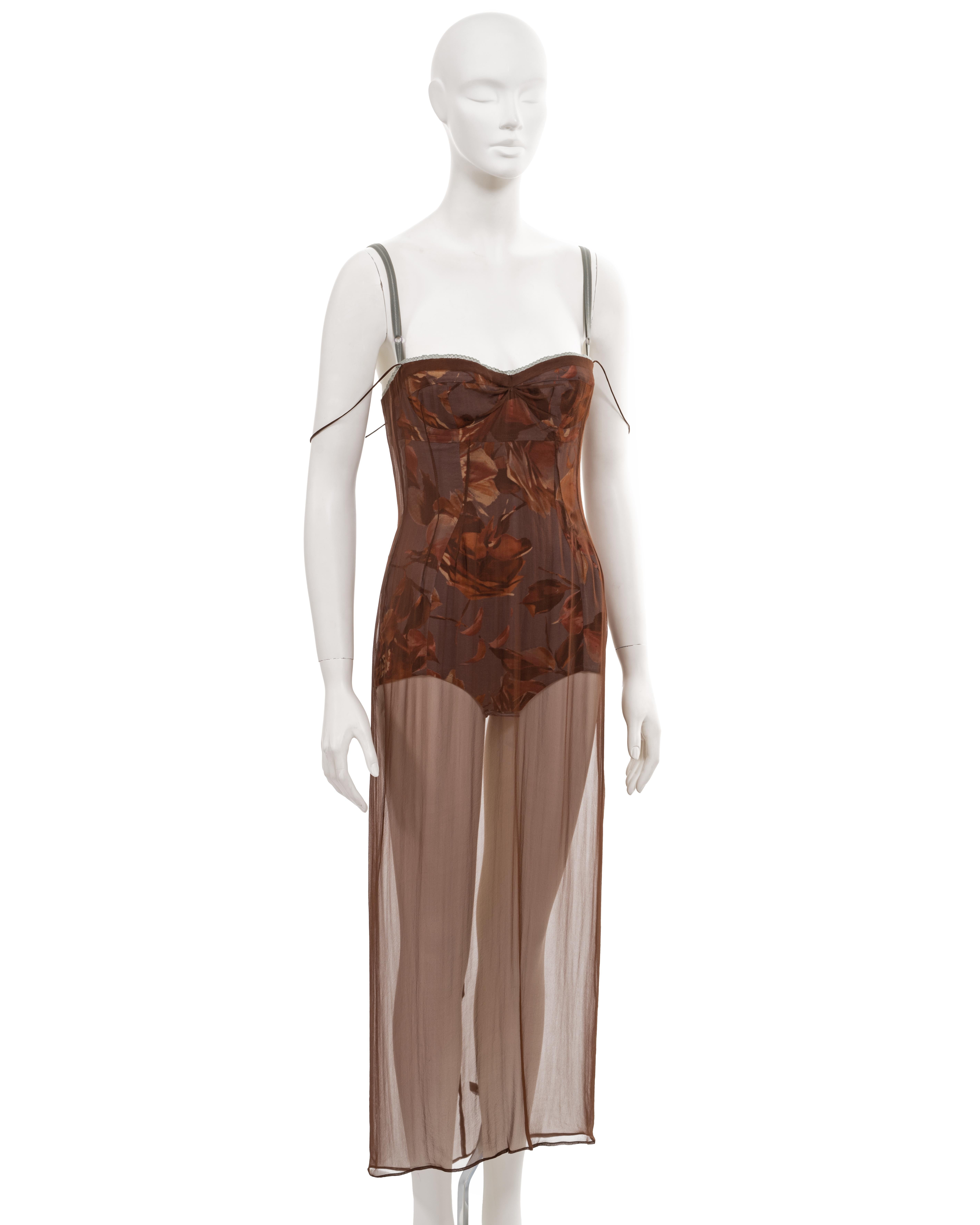 Dolce & Gabbana brown silk chiffon evening dress with built-in bodysuit, ss 1997 9