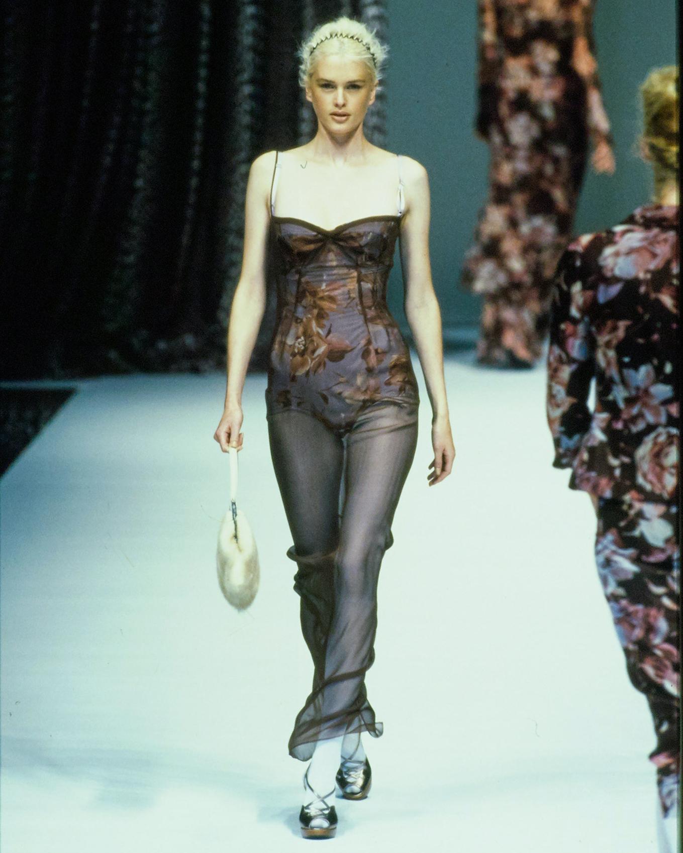 Dolce & Gabbana brown silk chiffon evening dress with built-in bodysuit, ss 1997 In Excellent Condition In London, GB