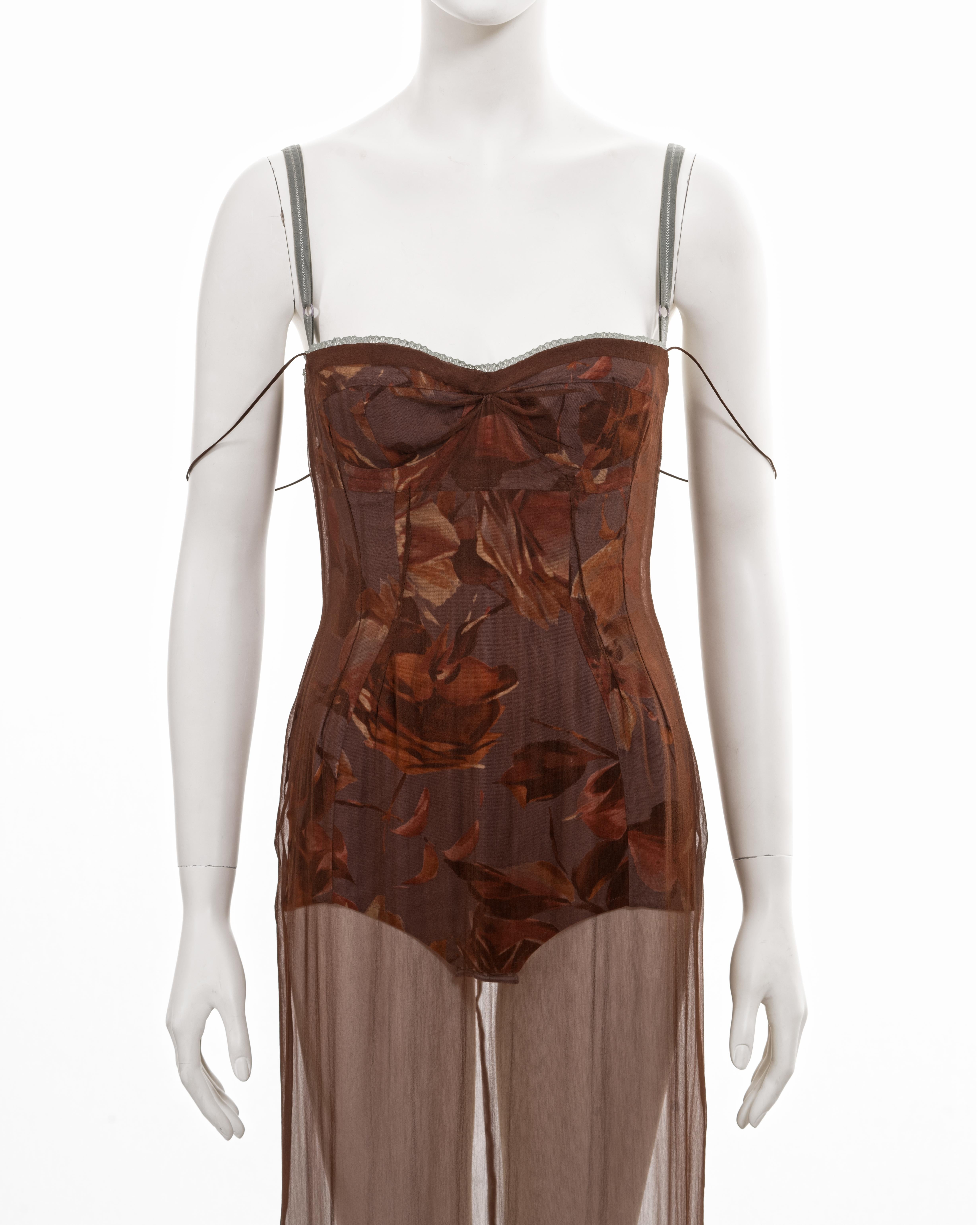 Women's Dolce & Gabbana brown silk chiffon evening dress with built-in bodysuit, ss 1997
