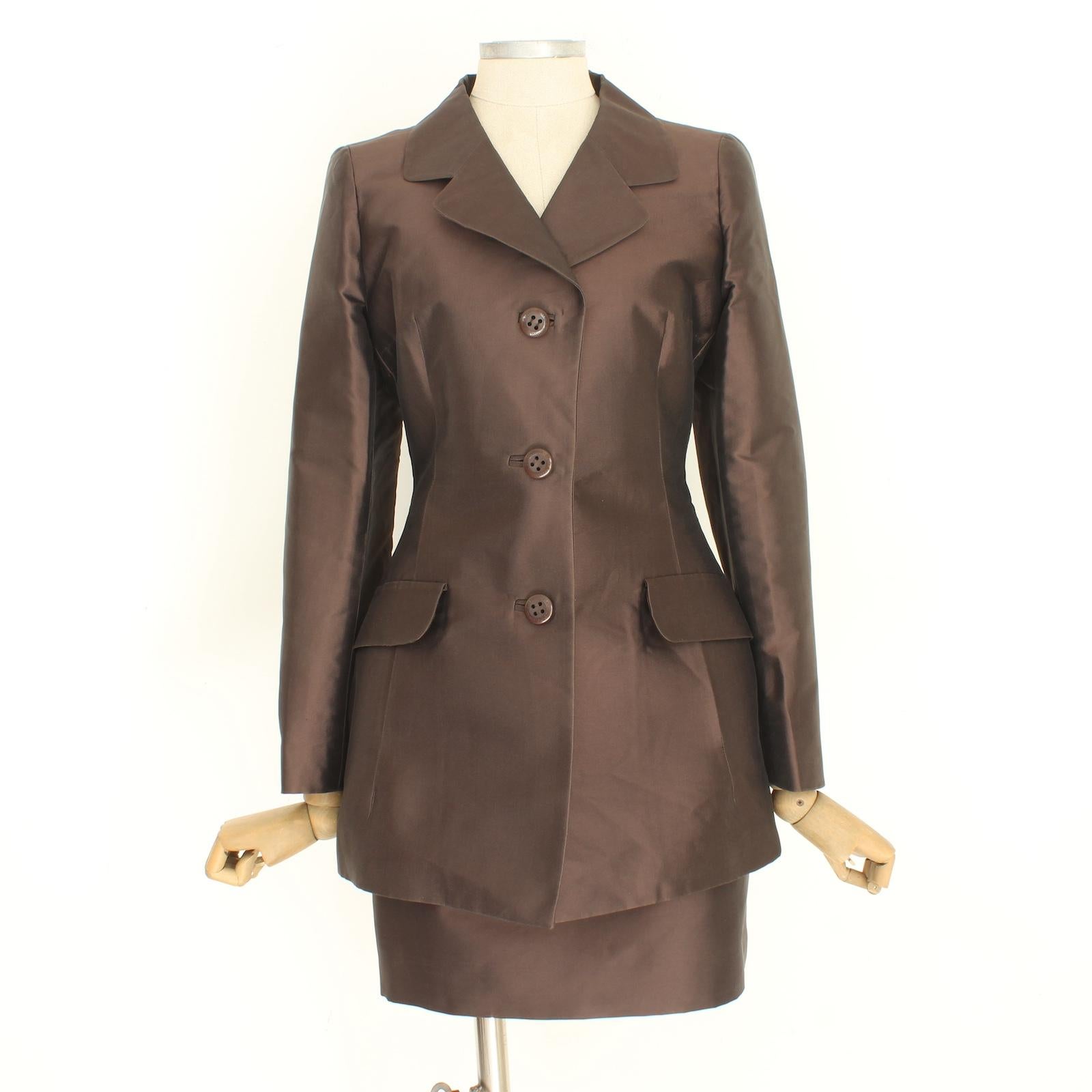 Black Dolce & Gabbana Brown Silk Elegant Skirt Suit 2000s