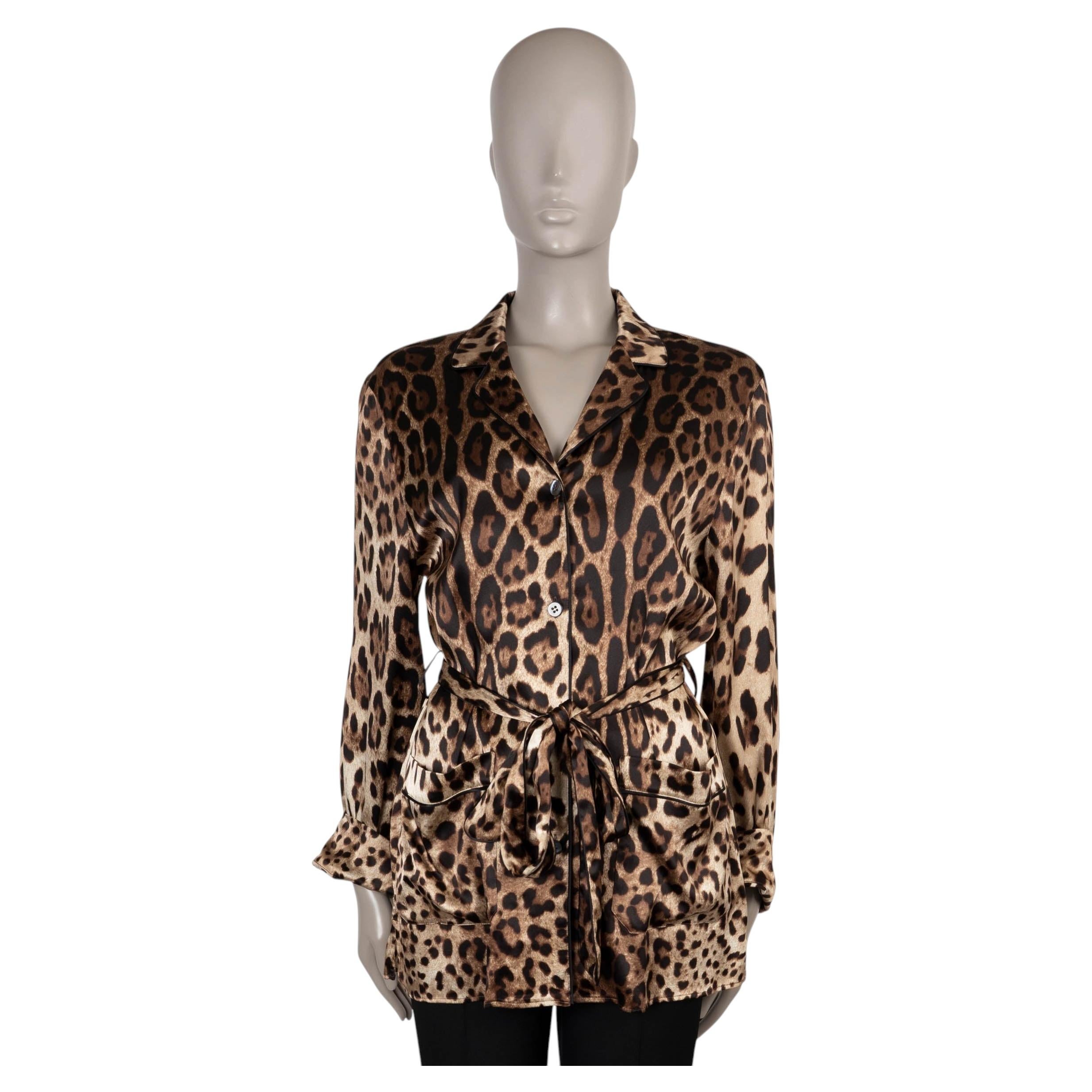 Camisa de pijama de seda marrón con estampado de leopardo y cinturón de Dolce & Gabbana, talla 42 M