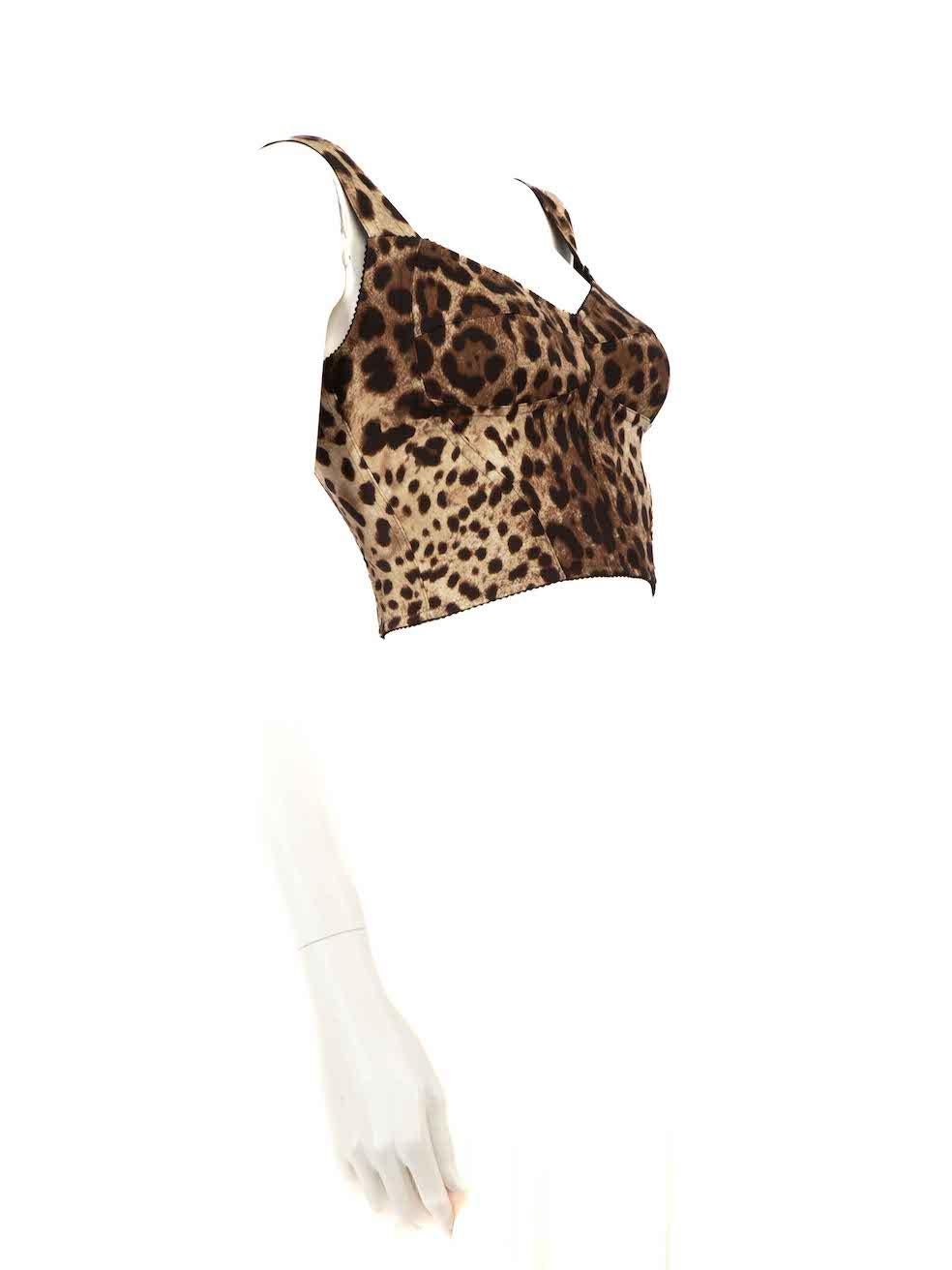 CONDITION is Very good. Hardly any visible wear to the top is evident on this used Dolce & Gabbana designer resale item.
 
 
 
 Details
 
 
 Brown
 
 Silk
 
 Boned corset top
 
 Leopard print
 
 Sleeveless
 
 Cropped fit
 
 Back zip fastening
 
 
 
