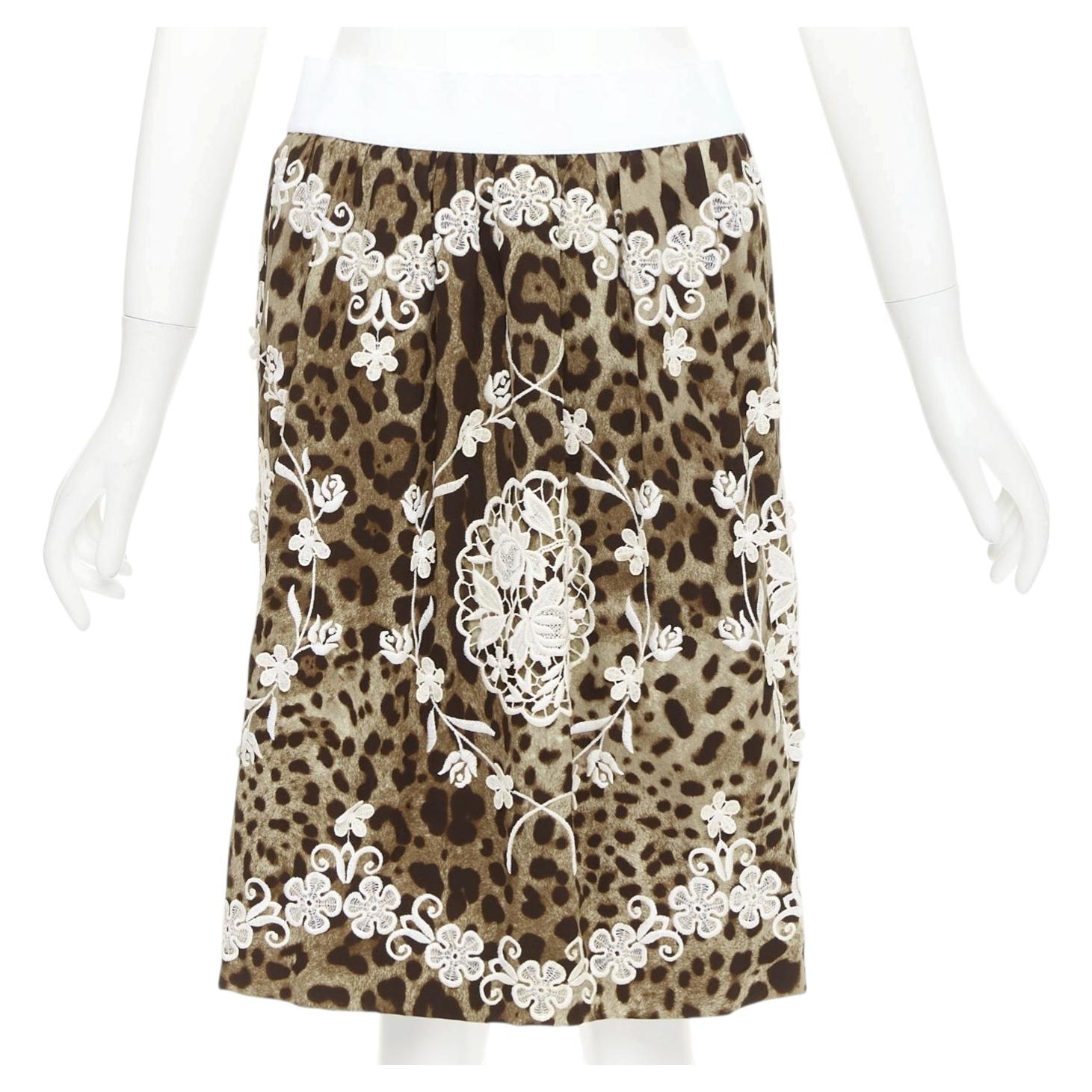 DOLCE GABBANA brown silk leopard print cream anglais embroidery skirt IT40 S