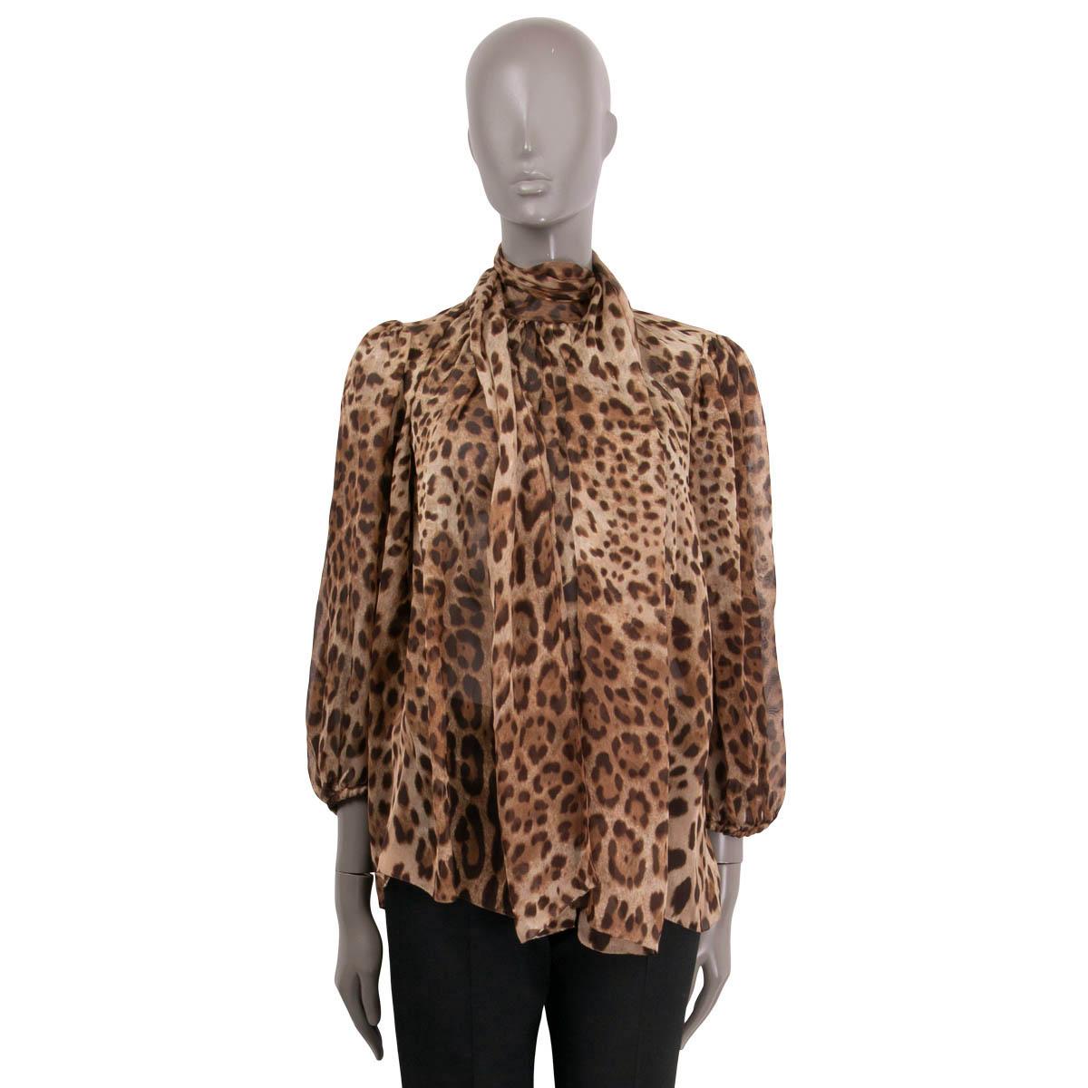 DOLCE & GABBANA brown silk LEOPARD PUSSY BOW Blouse Shirt M In Excellent Condition In Zürich, CH