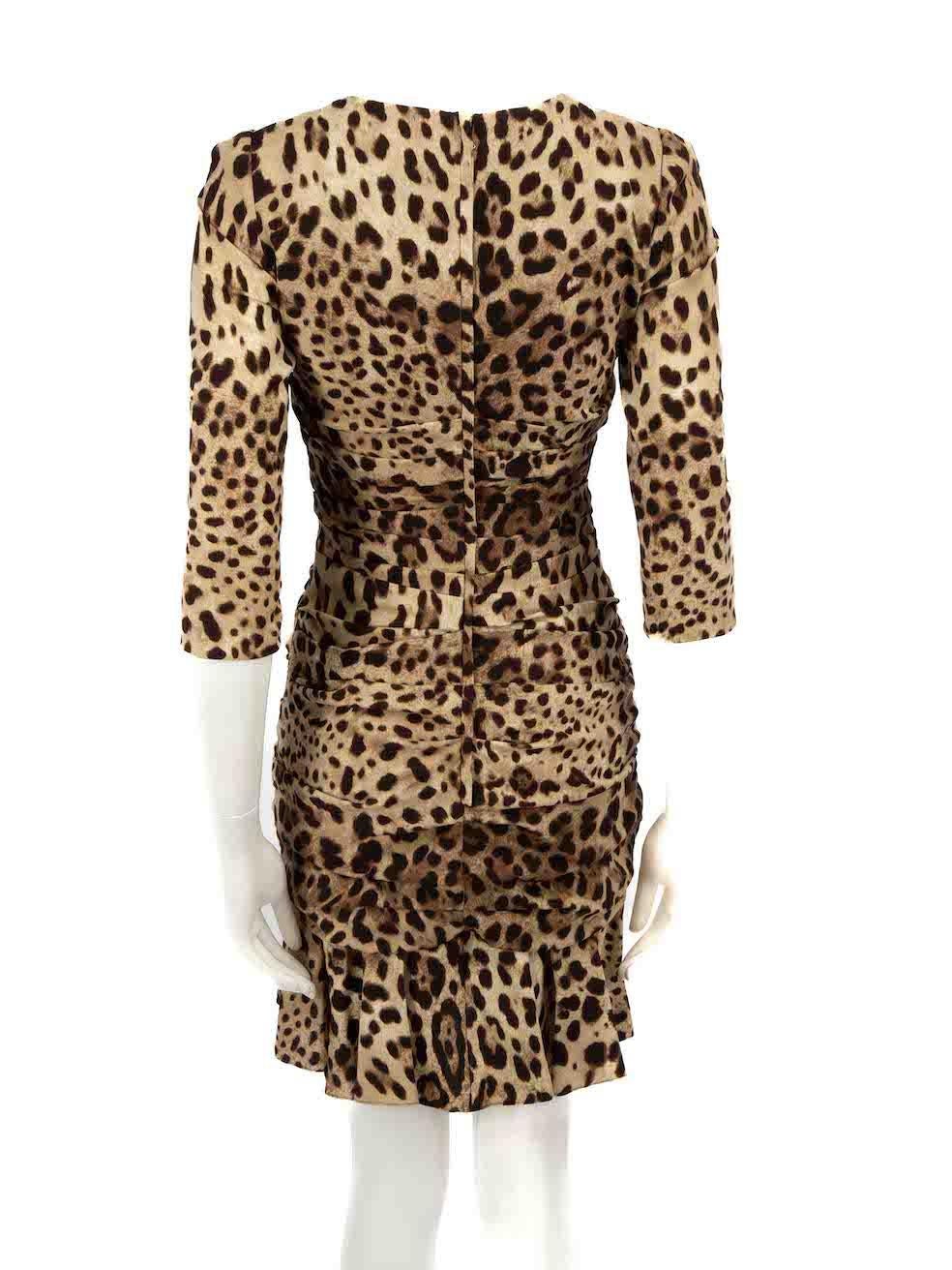 Dolce & Gabbana Brown Silk Leopard Ruched Dress Size S In Good Condition For Sale In London, GB
