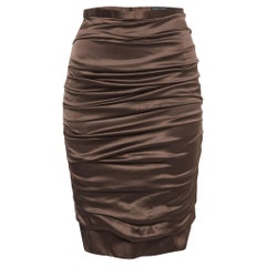 Dolce & Gabbana Brown Silk Satin Ruched Midi Skirt M