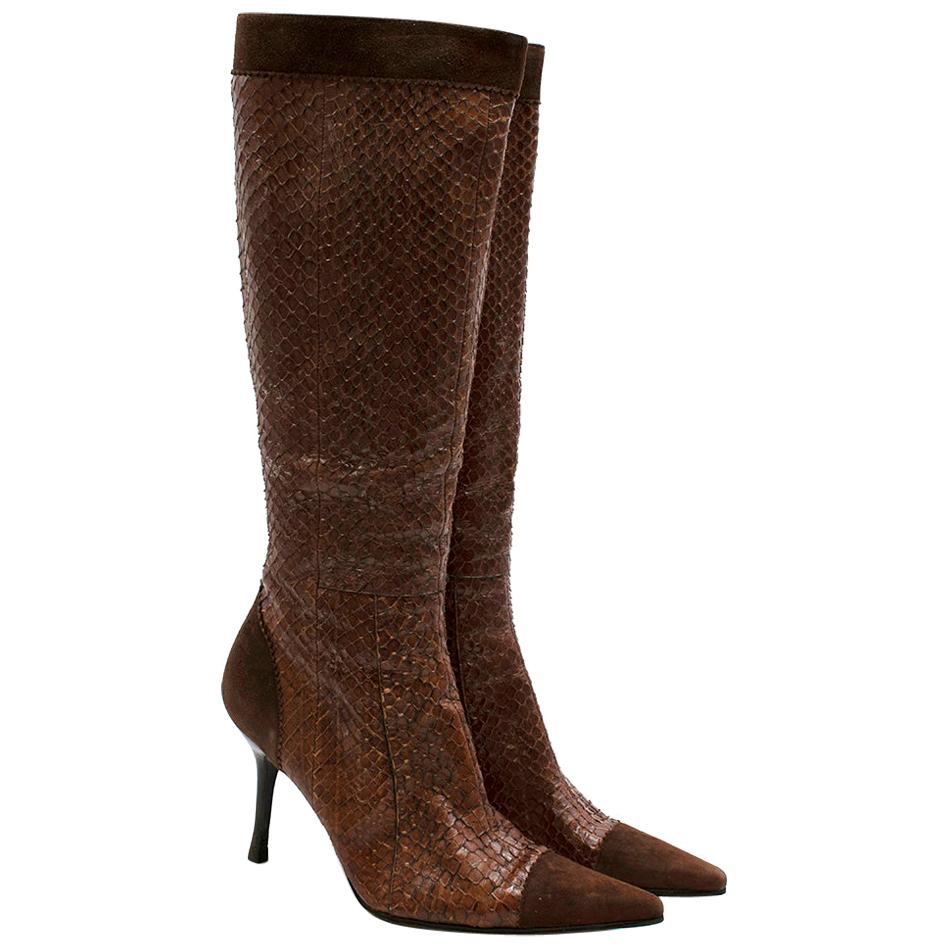 Dolce & Gabbana Brown Snakeskin & Suede Heeled Vintage Long Boots - Size EU 39