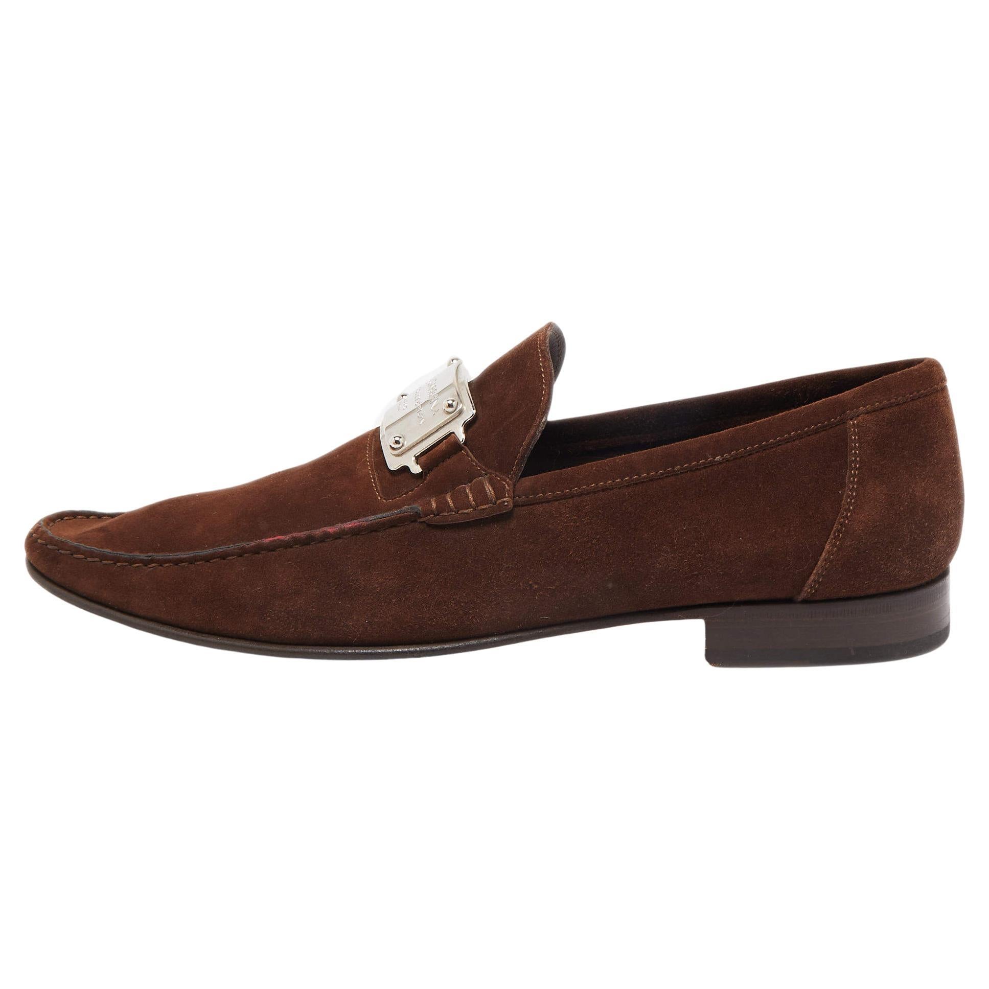 Dolce & Gabbana Brown Suede And Leather Logo Plate Slip On Loafers Size 45 For Sale