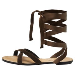 Dolce 
Gabbana Brown Suede and Satin Ankle Wrap Flat Sandals Size 37