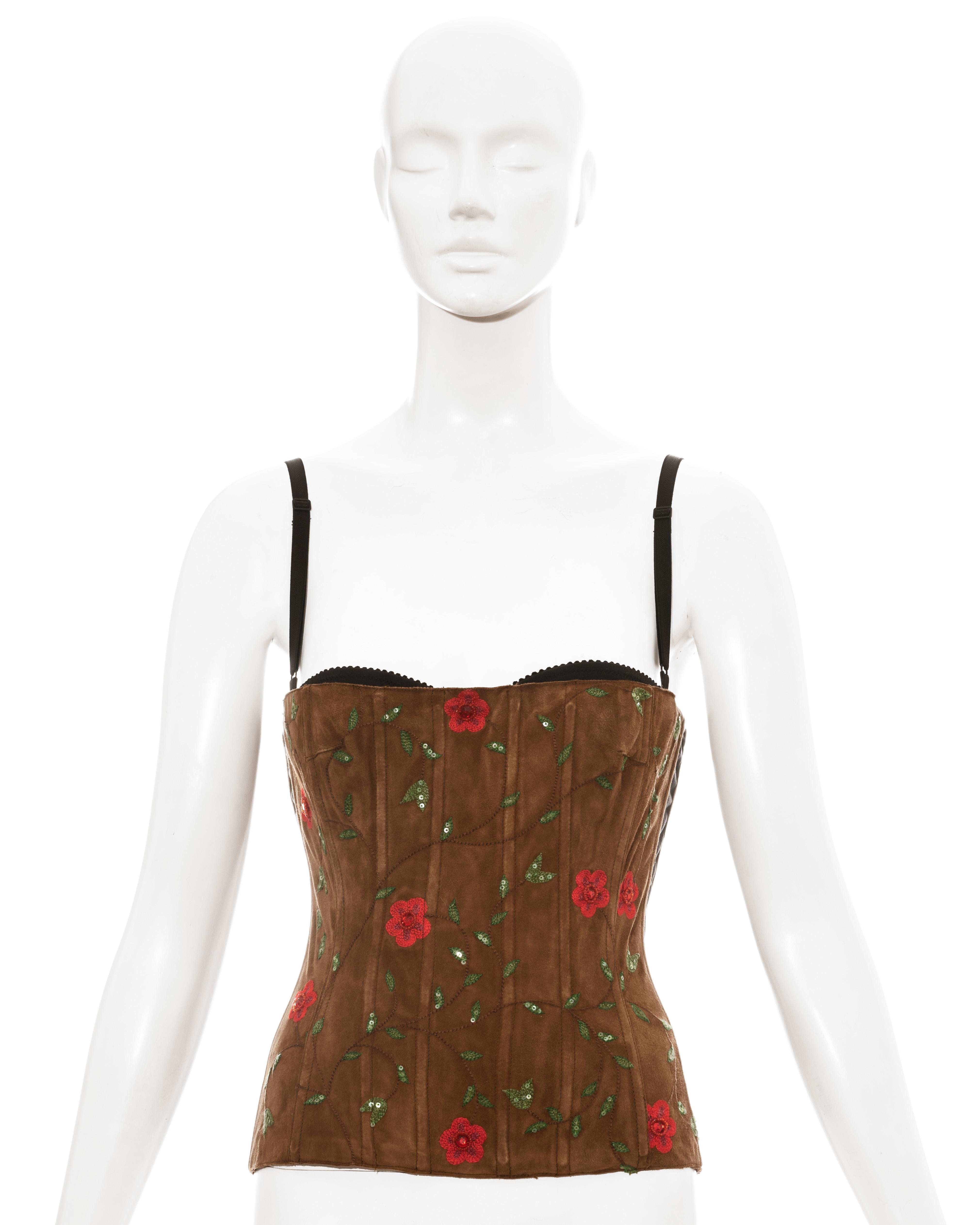 Dolce & Gabbana brown suede corset with floral embroidery and embellishment.

c. 1990s