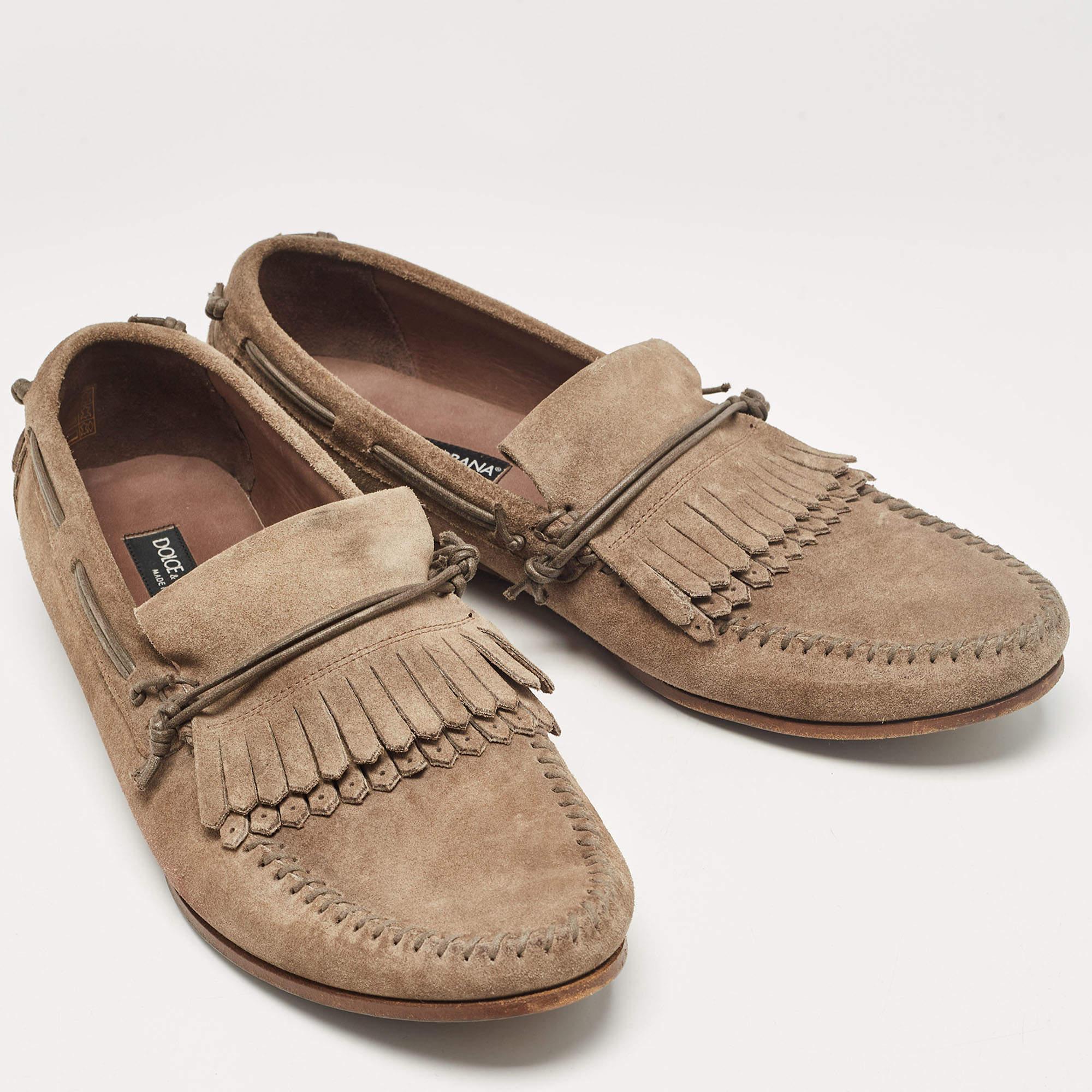Men's Dolce & Gabbana Brown Suede Fringe Slip On Loafers Size 45 For Sale