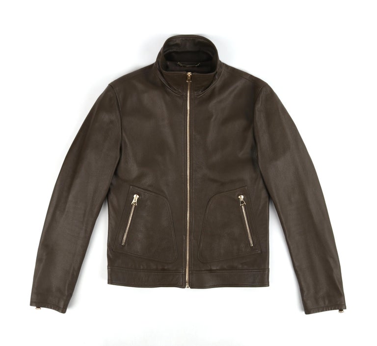 DOLCE and GABBANA Brown Taupe Pebbled Deer Leather Zip Front Moto ...