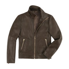 DOLCE & GABBANA Brown Taupe Pebbled Deer Leather Zip Front Moto Bomber Jacket