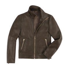 DOLCE & GABBANA Braun Taupe Gekörntes Hirschleder Zip Front Moto Bomber Jacke