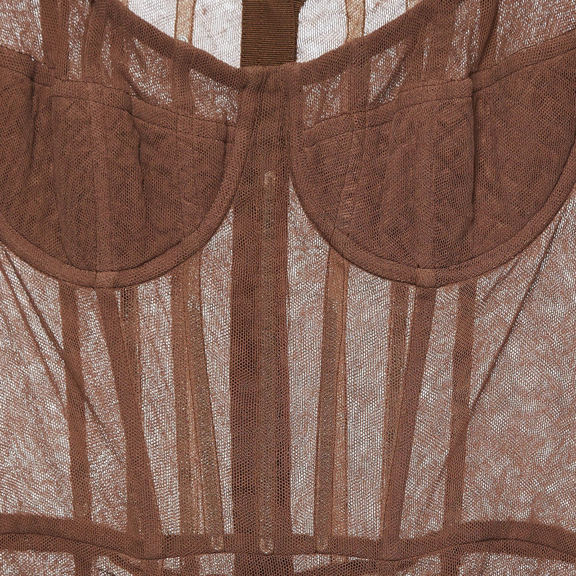 Marron Dolce & Gabbana Brown Robe longue froncée en tulle L en vente