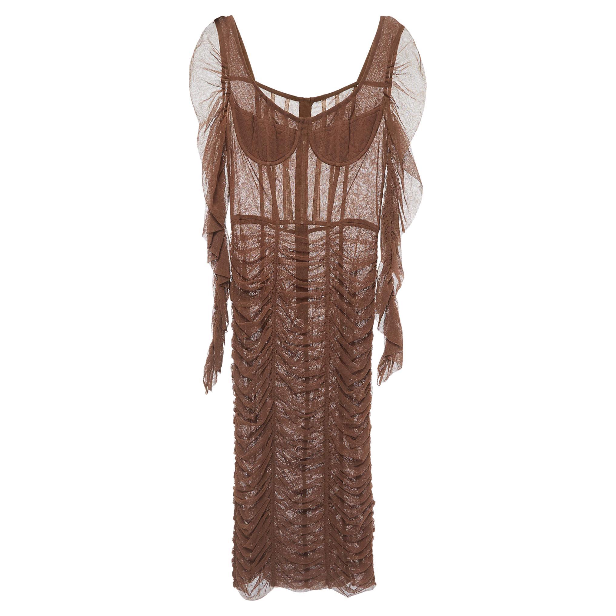 Dolce & Gabbana Brown Tulle Ruched Long Dress L For Sale