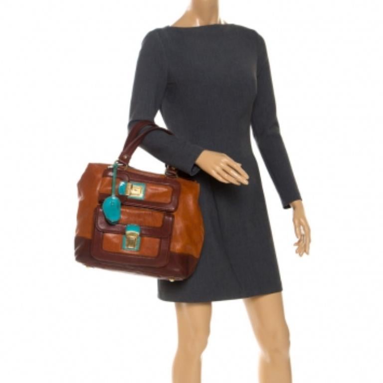 Dolce & Gabbana Brown/Turquoise Leather Push Lock Satchel in vendita 5